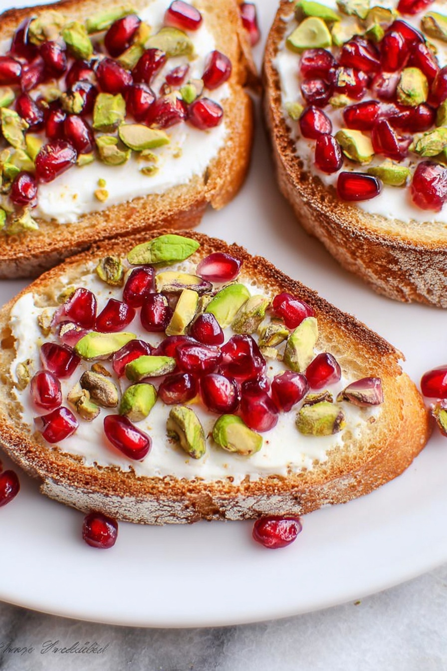 The image shows three slices of toasted bread on a white plate with a white marbled surface underneath. Each toast slice has a creamy white spread layer topped with bright red pomegranate seeds and green pistachio nuts scattered on top, adding texture and color. Some pomegranate seeds and pistachio pieces are also scattered around the plate. The bread has a golden-brown crust and a slightly rough texture from toasting. The composition is close-up, focusing on the freshness and contrast of the toppings with the toast. photo taken with an iphone --ar 2:3 --v 7 - Pistachio Pomegranate Crostini Appetizer, holiday appetizer ideas, easy party appetizers, festive crostini recipes, gourmet snack recipes