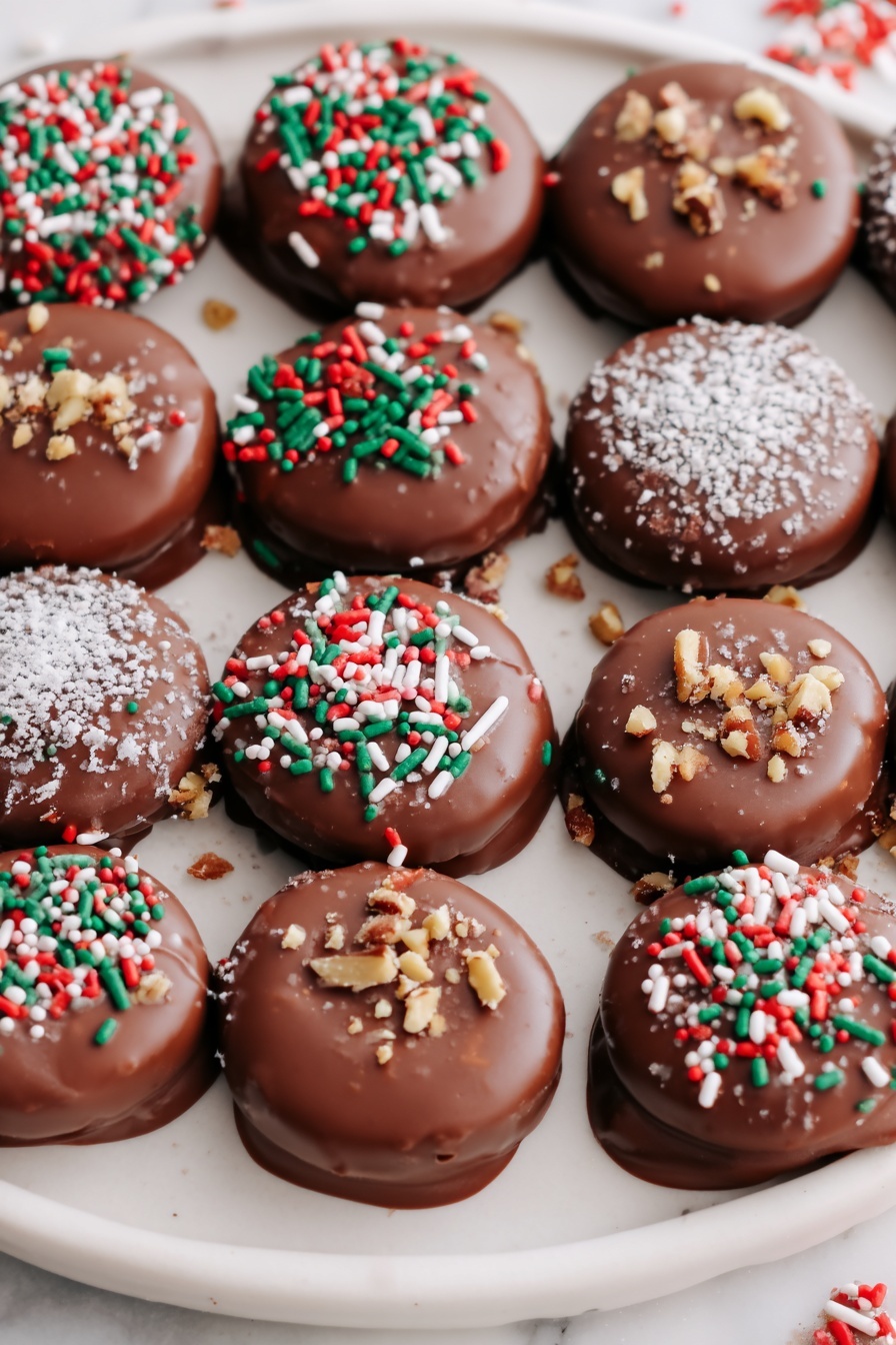 The image shows a white plate with four rows of chocolate-covered round cookies arranged neatly on a white marbled surface. Each cookie is covered with smooth, shiny chocolate, with some cookies topped with colorful red, green, and white round and stick sprinkles, while others have just a light dusting of chopped nuts. The cookies are evenly spaced and appear soft with a glossy finish on top. photo taken with an iphone --ar 2:3 --v 7 - Salted Caramel Ritz Cookies, Salted Caramel Cookies, Easy Ritz Cookie Recipe, No-Bake Salted Caramel Cookies, Butter Ritz Crackers with Caramel