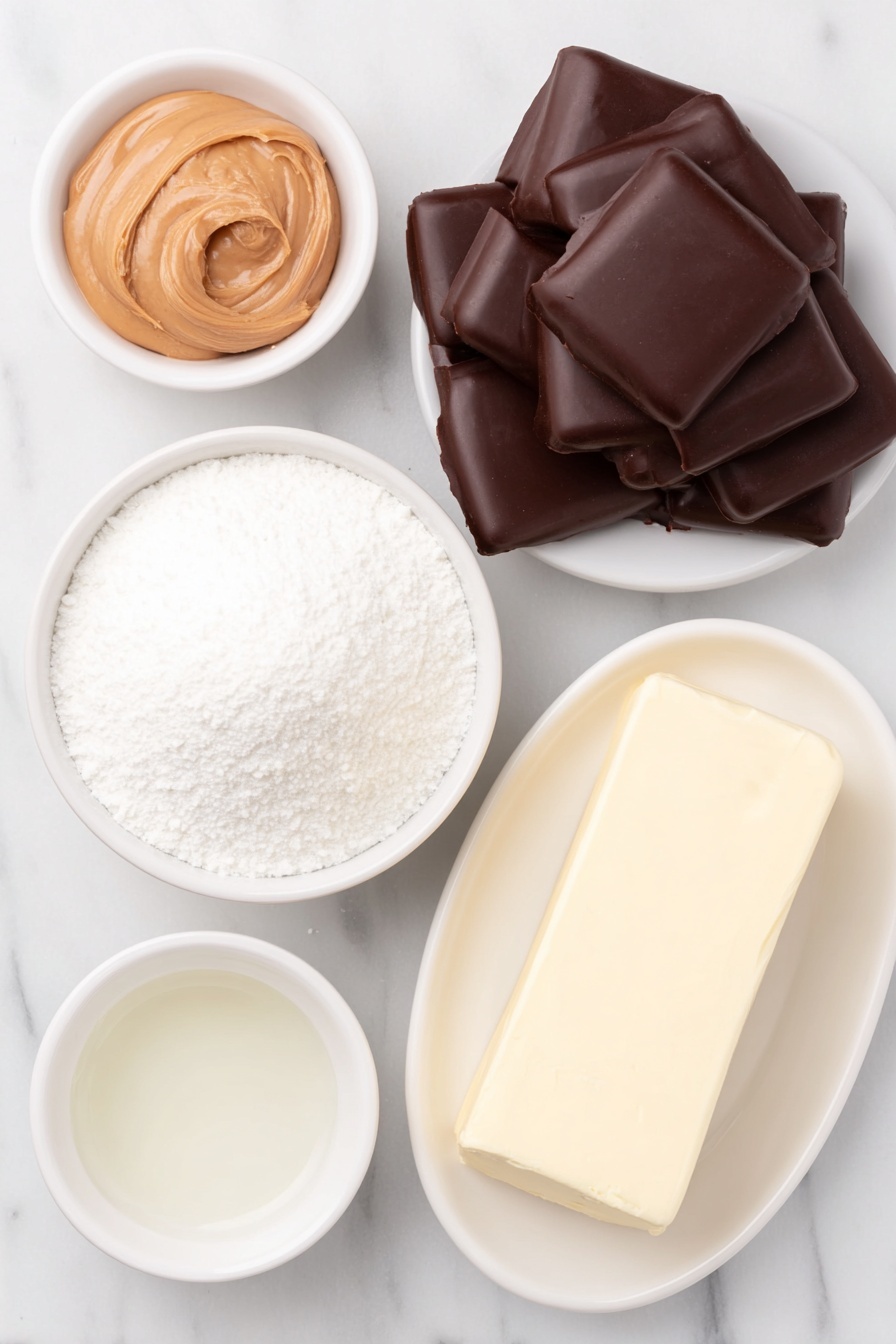 Flat lay of two sticks of fresh butter unwrapped, a small mound of creamy peanut butter on a white ceramic plate, a simple white bowl filled with bright white powdered sugar, a small white bowl with clear vanilla extract, and a neat pile of smooth semi-sweet dark chocolate melting wafers arranged on a white ceramic dish, all placed on a clean white marble surface, soft natural light, photo taken with an iPhone, professional food photography style, fresh ingredients, white ceramic bowls, no bottles, no duplicates, no utensils, no packaging --ar 2:3 --v 7 --p m7354615311229779997 - Chocolate-Dipped Peanut Butter Balls, Buckeyes, no-bake peanut butter treats, easy chocolate peanut butter balls, simple no-bake dessert