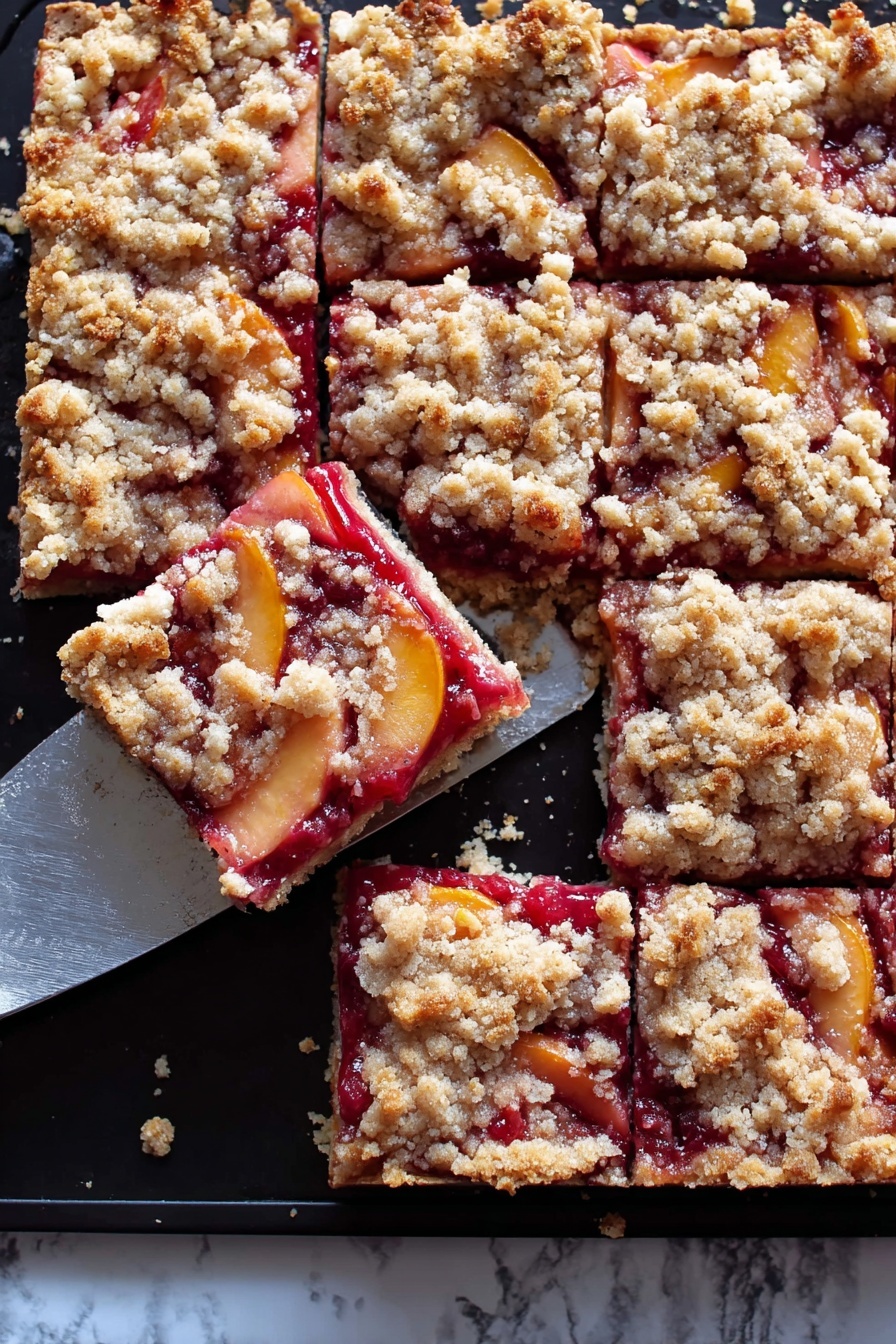 A rectangular fruit crumble bar is shown, cut into squares and placed on a black baking tray. The base layer is a light golden crust, followed by a thick layer of cooked fruit that is mostly red with some orange-yellow slices, looking juicy and soft. The top layer is a crumbly streusel with a light beige color, unevenly spread with small chunks scattered around. A metal spatula with a black handle rests under one of the squares, partially lifting it, with bits of fruit and crumbs stuck to the spatula surface. The background is a white marbled texture. Photo taken with an iphone --ar 2:3 --v 7 - German Plum Cake with Yeast Dough, traditional Zwetschgenkuchen, German fruit cake, yeast dough plum tart, German dessert with plums