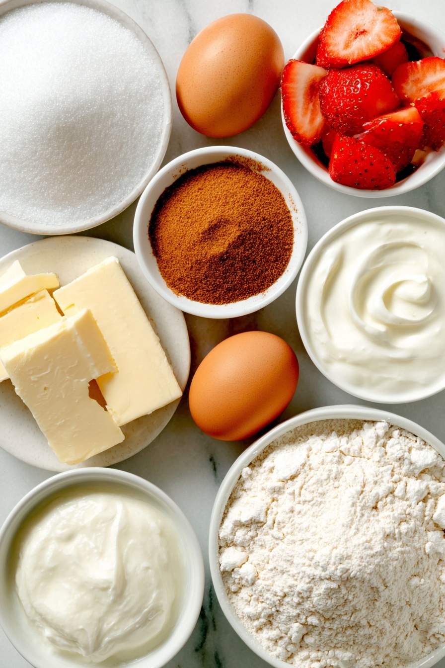 Flat lay of two whole brown eggs with clean shells, a small mound of granulated sugar, a small heap of ground cinnamon, two packets of instant yeast next to each other without packaging, a small white ceramic bowl of whole milk, a few chunks of softened butter, a heap of all-purpose flour, a small white ceramic bowl of heavy cream, and several fresh sliced strawberries arranged neatly, all placed on a clean white marble surface, soft natural light, photo taken with an iPhone, professional food photography style, fresh ingredients, white ceramic bowls, no bottles, no duplicates, no utensils, no packaging --ar 2:3 --v 7 --p m7354615311229779997 - Strawberry Custard Kuchen, Strawberry Custard Kuchen recipe, easy strawberry dessert, fruity baked cake, best strawberry custard dessert
