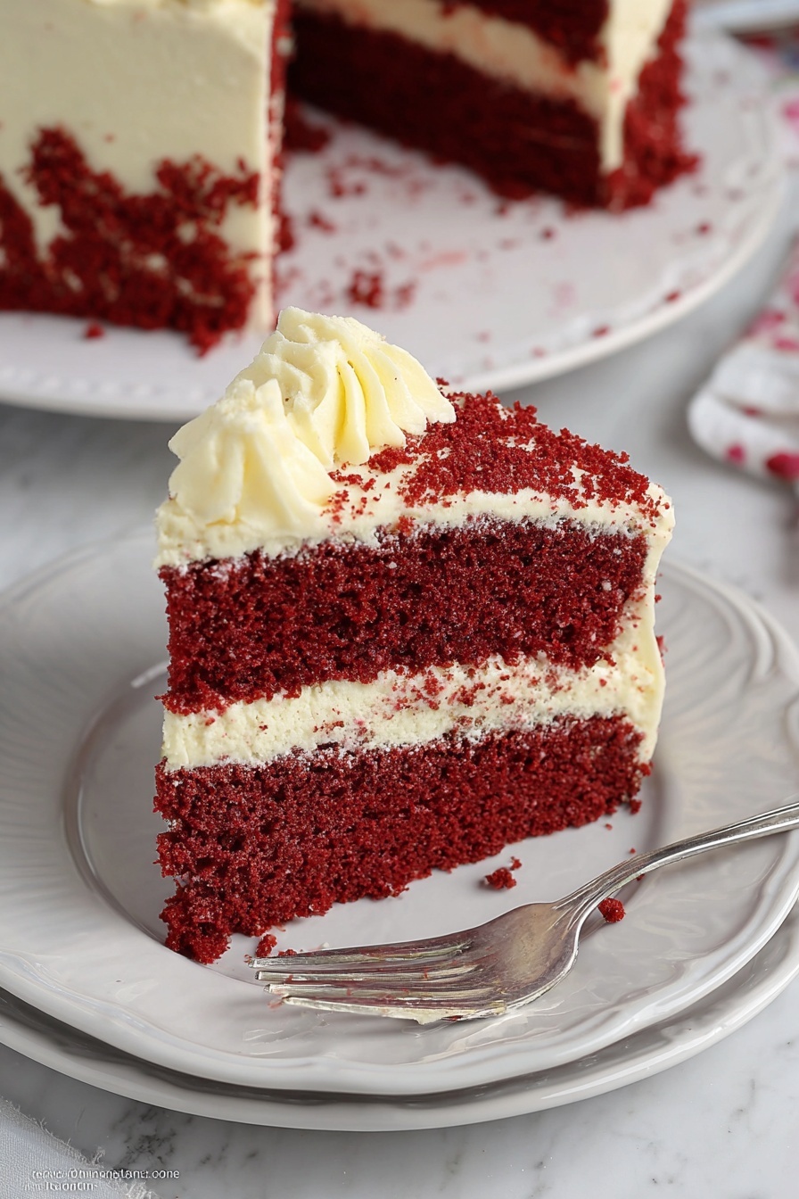 This image shows a slice of red velvet cake with two thick, moist red layers that have a soft, crumbly texture. Between these layers is a thick white cream layer that also surrounds the edges of the slice with a smooth and slightly fluffy texture, decorated with small cake crumbs. The cake slice sits on a white plate with a subtle scalloped edge, and a silver fork rests beside it on the plate. In the background, part of the remaining cake is visible on a white plate, placed on a white marbled surface. Photo taken with an iphone --ar 2:3 --v 7 - Red Velvet Cake with Cream Cheese Frosting, best red velvet cake recipe, homemade red velvet cake, easy red velvet cake, creamy cream cheese frosting