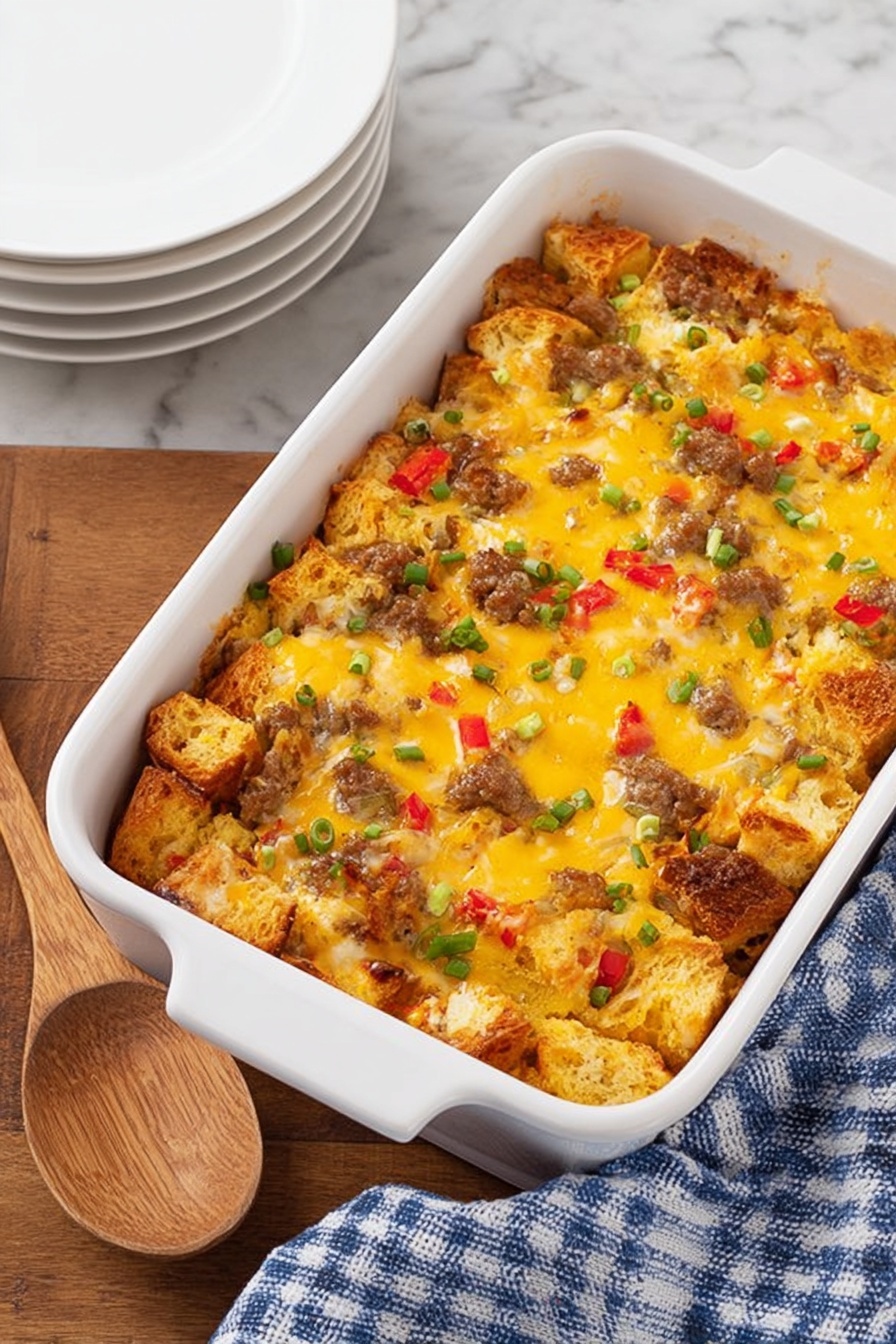 A white rectangular baking dish filled with a baked casserole that has multiple layers visible through the top: the top layer is melted yellow cheese with bits of green chopped spring onions scattered across, underneath are pieces of browned meat and light golden brown toasted bread cubes mixed with small red and green pepper pieces. The dish sits on a white marbled surface, next to a stack of white plates on the left and a wooden spoon resting on a blue and white checkered cloth on the right. photo taken with an iphone --ar 2:3 --v 7 - Sausage Bagel Breakfast Casserole, breakfast casserole, brunch recipe, make-ahead breakfast, easy breakfast ideas