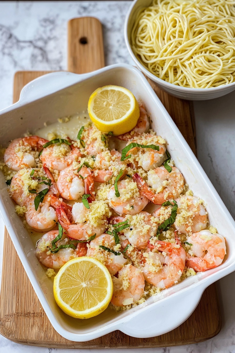 A white rectangular baking dish holds cooked shrimp arranged in a single layer with their tails showing and bodies pink and white. On top of the shrimp are small, light yellow crumb-like pieces and scattered fresh green herb pieces, likely basil. There are two lemon halves placed on the shrimp, one at the bottom left and one at the top right of the dish. Behind the dish, there is a white bowl filled with plain cooked noodles, light yellow in color. The whole scene is set on a wooden board over a white marbled surface. Photo taken with an iphone --ar 2:3 --v 7 - Baked Shrimp Scampi Lemon Garlic, Easy Shrimp Scampi Dinner, Quick Seafood Recipes, Lemon Garlic Shrimp, Baked Shrimp Recipes