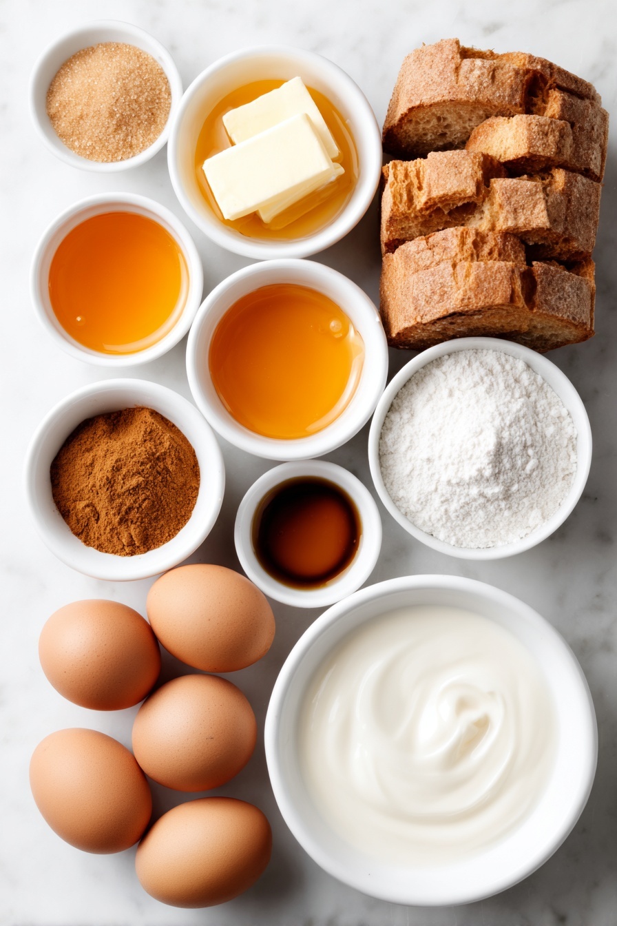 Flat lay of a small white ceramic bowl of melted golden butter, a small pile of packed brown sugar, a small white ceramic bowl of amber maple syrup, a loaf of French bread cut into 1-inch cubes, a small white ceramic bowl of ground cinnamon, a small white ceramic bowl of ground nutmeg, eight whole uncracked brown eggs, a small white ceramic bowl filled with creamy prepared eggnog, a small white ceramic bowl containing clear vanilla extract, all arranged with perfect symmetry and realistic proportions, placed on a clean white marble surface, soft natural light, photo taken with an iPhone, professional food photography style, fresh ingredients, white ceramic bowls, no bottles, no duplicates, no utensils, no packaging --ar 2:3 --v 7 --p m7354615311229779997 - Eggnog French Toast Bake, Holiday Eggnog Breakfast, Christmas French Toast, Festive Breakfast Recipes, Make-Ahead Eggnog casserole
