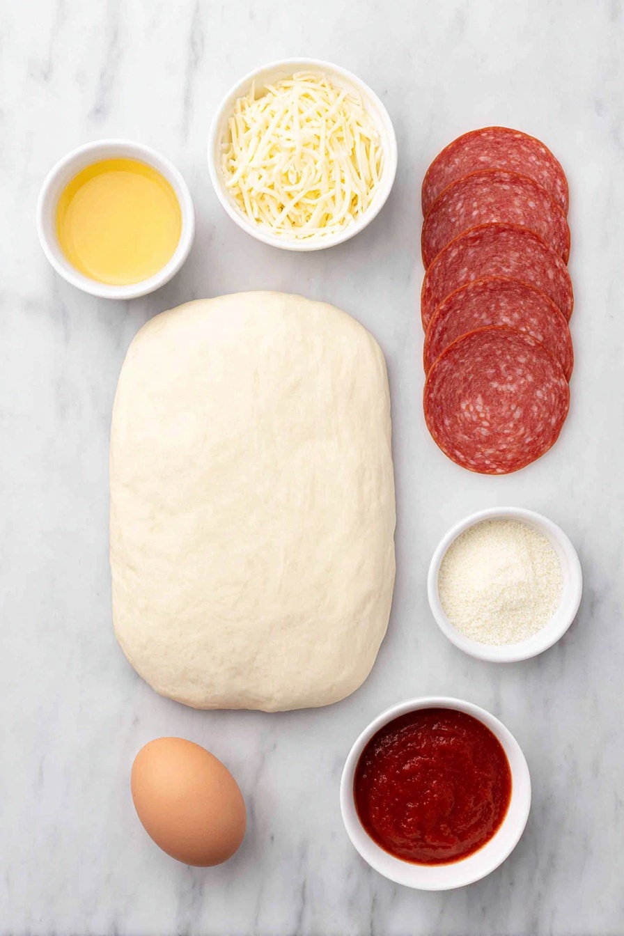 Flat lay of a smooth rectangular slab of fresh pizza dough, a small white bowl of melted golden butter mixed with Italian seasoning and garlic powder, a neat stack of vibrant red pepperoni slices, a small mound of shredded mozzarella cheese, one large whole brown egg with a clean shell, a tiny white bowl containing finely grated parmesan cheese, and a small white bowl filled with rich red marinara sauce, all arranged with perfect symmetry on a clean white marble surface, soft natural light, photo taken with an iPhone, professional food photography style, fresh ingredients, white ceramic bowls, no bottles, no duplicates, no utensils, no packaging --ar 2:3 --v 7 --p m7354615311229779997 - Best Pepperoni Rolls, Pepperoni Rolls, Cheesy Pepperoni Rolls, Easy Pepperoni Rolls, Crowd-Pleasing Snack
