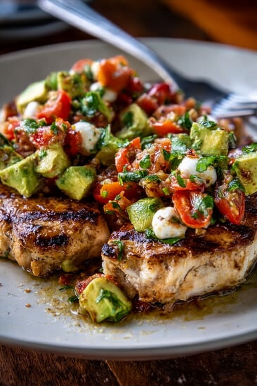 The image shows two thick, grilled chicken pieces placed side by side on a white plate. Each chicken piece has visible grill marks with a slightly crispy outer texture and a juicy, tender inside. On top of the chicken, there is a colorful salsa made from small chunks of bright red tomatoes, green avocado cubes, fresh green herbs, and white small cheese balls, arranged unevenly but generously covering the meat. The plate rests on a wooden surface with a metal fork in the front right corner. A woman's hand can be seen in the background, slightly out of focus. The lighting emphasizes the warm tones of the chicken and the fresh colors of the salsa, giving a natural and appetizing look. Photo taken with an iphone --ar 2:3 --v 7 - Balsamic Chicken with Caprese Salsa, Balsamic Chicken, Caprese Salsa, Easy Chicken Dinner, Elegant Quick Recipes