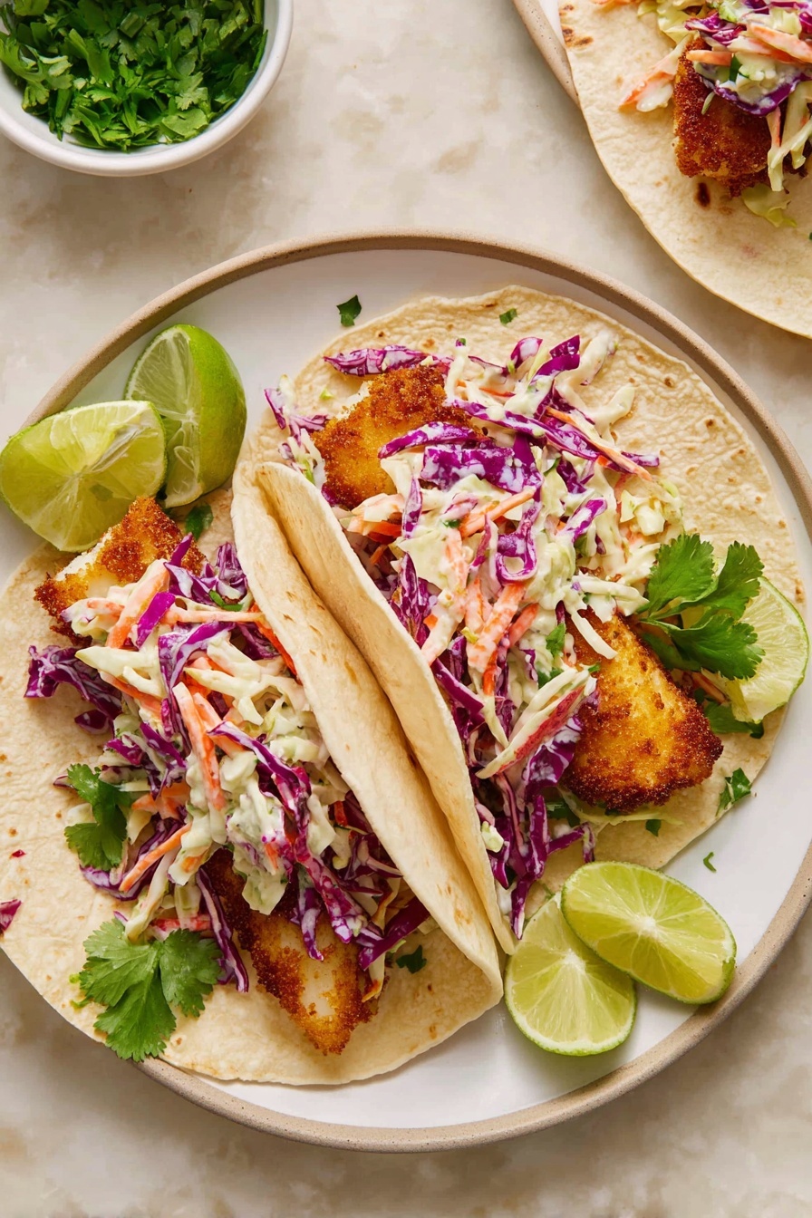 Two tacos sit side by side on a white plate over a white marbled surface. Each taco has a soft, light tan flatbread shell. Inside, there is a base layer of golden-brown fish fillets with a crispy texture. On top of the fish, there is a colorful coleslaw made of purple cabbage, white cabbage, thin orange carrot strips, and bits of green herbs, all mixed in a creamy dressing. Bright green cilantro leaves are scattered on the tacos and plate. Several lime wedges, light green with a textured surface, rest around the tacos as a garnish. In the background, there are small white bowls, one with green cilantro and the other with lime wedges. Photo taken with an iphone --ar 2:3 --v 7 - Air Fryer Fish Tacos with Cilantro Lime Slaw, easy fish tacos, healthy fish tacos, quick dinner recipes, seafood tacos