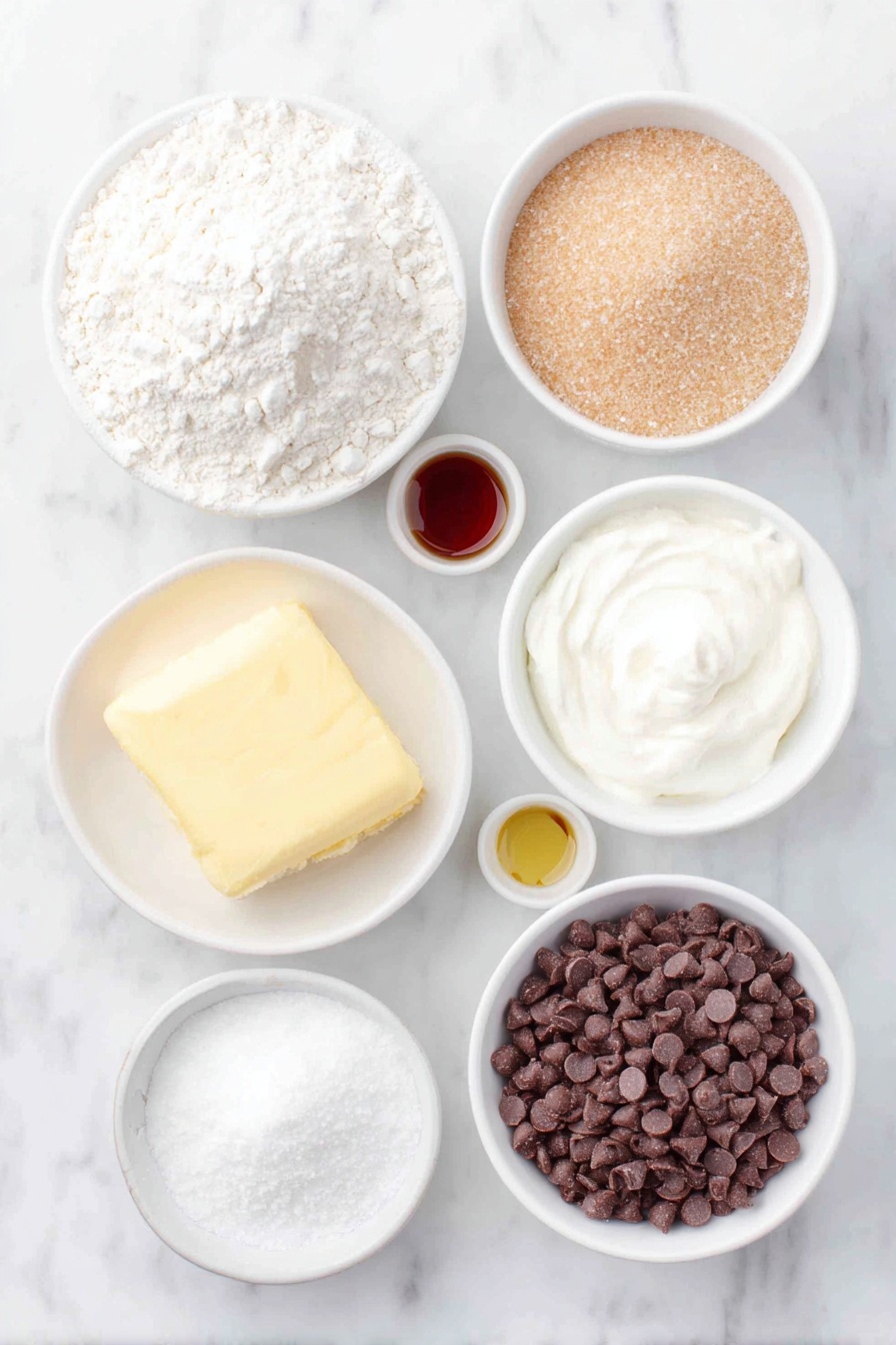 Flat lay of a small mound of all purpose flour next to a tablespoon of cornstarch, a small pile of baking soda, a pinch of coarse sea salt, a white ceramic bowl with melted golden vegan butter, a white ceramic bowl with light brown sugar, another white bowl with granulated sugar, a white bowl holding creamy dairy free yogurt, a few drops of vanilla extract in a tiny white bowl, and a small white bowl filled with semi-sweet vegan chocolate chips, all arranged symmetrically on a clean white marble surface, soft natural light, photo taken with an iPhone, professional food photography style, fresh ingredients, white ceramic bowls, no bottles, no duplicates, no utensils, no packaging --ar 2:3 --v 7 --p m7354615311229779997 - Vegan Chocolate Chip Cookies, vegan cookie recipe, dairy-free chocolate chip cookies, soft chewy vegan cookies, vegan baking recipes