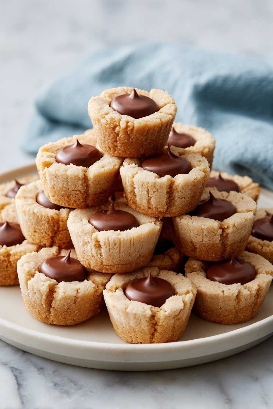 A stack of about fifteen small beige cookie cups arranged closely on a round white plate, each cookie cup has a smooth, shiny chocolate candy placed neatly in the center with a slightly darker brown rim around the candy, the cookie texture is crumbly and slightly cracked at the edges, the plate is set on a white marbled surface with a soft blue cloth casually folded in the background, the lighting highlights the warm tones of the cookies and the glossy chocolate centers. photo taken with an iphone --ar 2:3 --v 7 - Peanut Butter Cup Cookies, chocolate peanut butter cookies, chewy cookie recipes, easy cookie recipes, peanut butter desserts