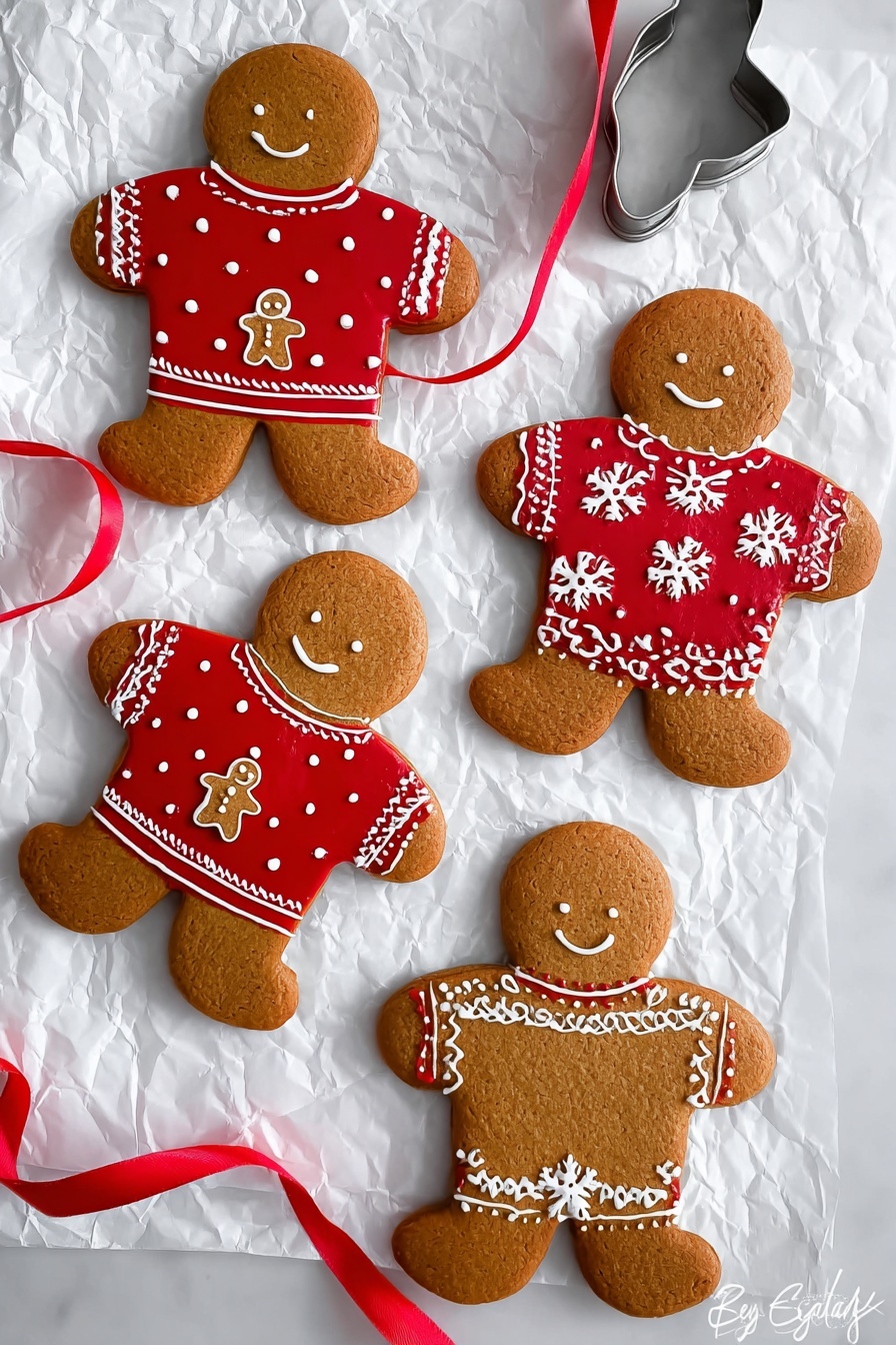 Four gingerbread cookies shaped like people lie on crumpled white paper over a white marbled surface. Each cookie wears a red sweater decorated with white icing: two have white polka dots and small gingerbread men in the center, while the other two have white floral or snowflake patterns. A thin red ribbon weaves through the cookies from the bottom left to the middle right, looping under a metal cookie cutter shaped like a gingerbread person near the bottom right of the image. The photo taken with an iphone --ar 2:3 --v 7 - Gluten Free Gingerbread Men, gluten free holiday cookies, dairy free gingerbread cookies, low FODMAP gingerbread shapes, festive gluten free treats