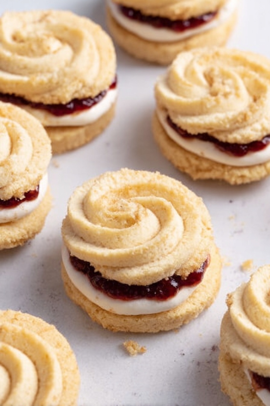 The image shows several small sandwich cookies placed closely on a white marbled surface. Each cookie has two light golden, swirled layers that look soft and crumbly. Between the layers, there is a thin spread of dark red jam and a layer of white cream. The top cookie's swirl has a smooth texture with slight crumbs on the edges. The overall look is neat and inviting. photo taken with an iphone --ar 2:3 --v 7 - Viennese Whirls with Jam and Vanilla Buttercream, Viennese Whirls, butter cookies with jam and cream, elegant biscuit recipes, afternoon tea treats