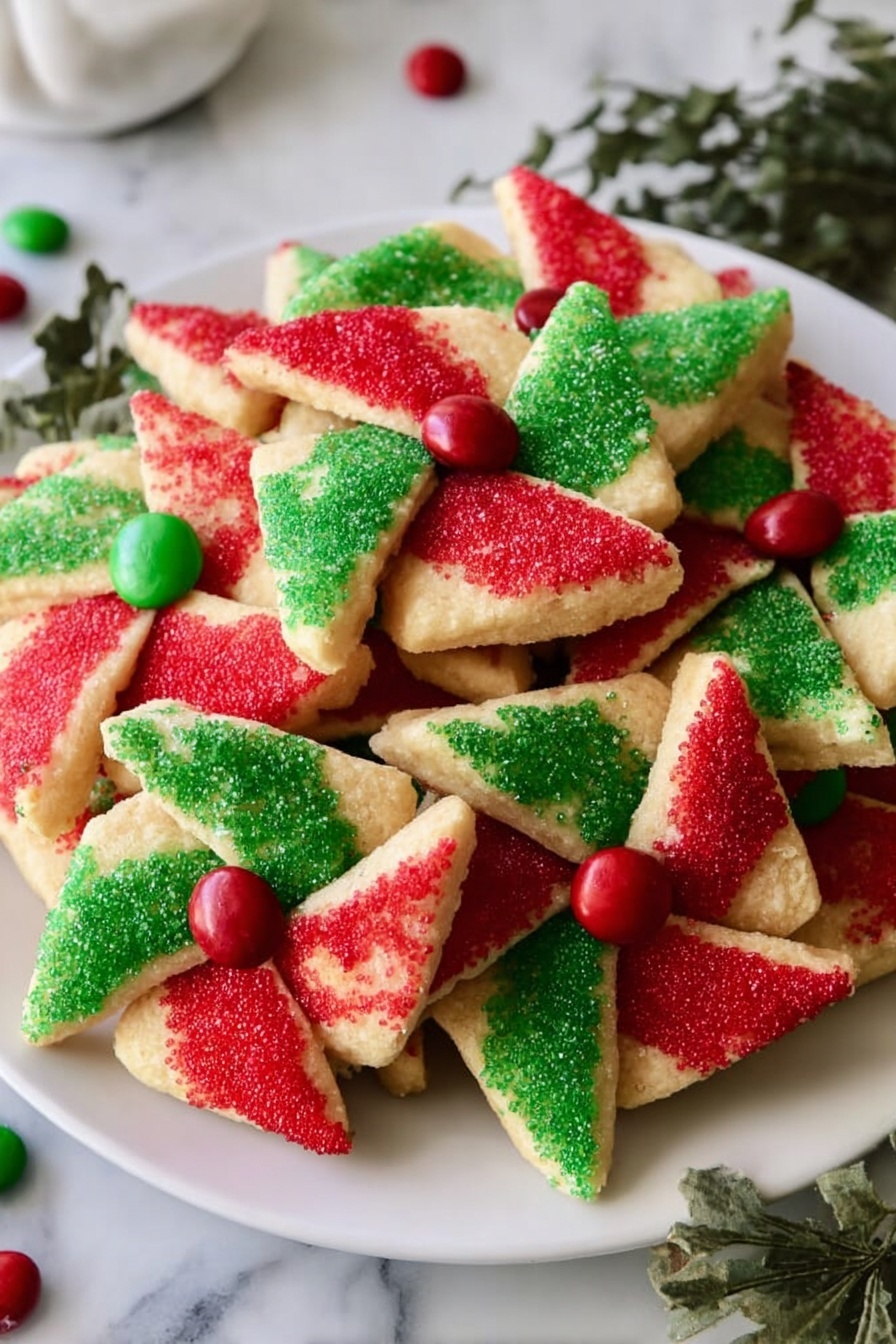 The image shows a pile of pinwheel-shaped cookies on a white plate placed on a white marbled surface. Each cookie has four triangular layers, with two opposite triangles coated in red sugar crystals and the other two coated in green sugar crystals. The uncoated parts of the dough are light golden brown. In the center of each pinwheel, there is a small round candy in red or green, attaching the points of the triangles. Some small green leaves and twigs are partially visible around the plate, adding a festive touch. Photo taken with an iphone --ar 2:3 --v 7 - Poinsettia Cookies with M&Ms, holiday cookie ideas, festive sugar cookies, flower-shaped Christmas cookies, easy holiday cookie recipes