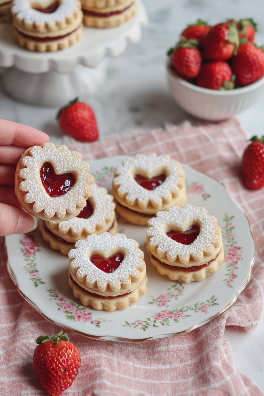 The image shows a white plate with a gold rim, filled with round sandwich cookies stacked in layers. Each cookie has a scalloped edge and is dusted with white powdered sugar on top. The top cookie of each pair has a small heart-shaped cutout in the center, revealing a bright red strawberry jam layer inside. The cookies are light golden brown with a smooth texture, and the jams create a glossy contrast visible through the heart shapes. The plate rests on a soft pink and white striped cloth, all placed on a white marbled surface. Photo taken with an iphone --ar 2:3 --v 7 - Soft Raspberry Jam Linzer Cookies, raspberry jam sandwich cookies, buttery Linzer cookies, homemade raspberry thumbprint cookies, tender fruit-filled cookies