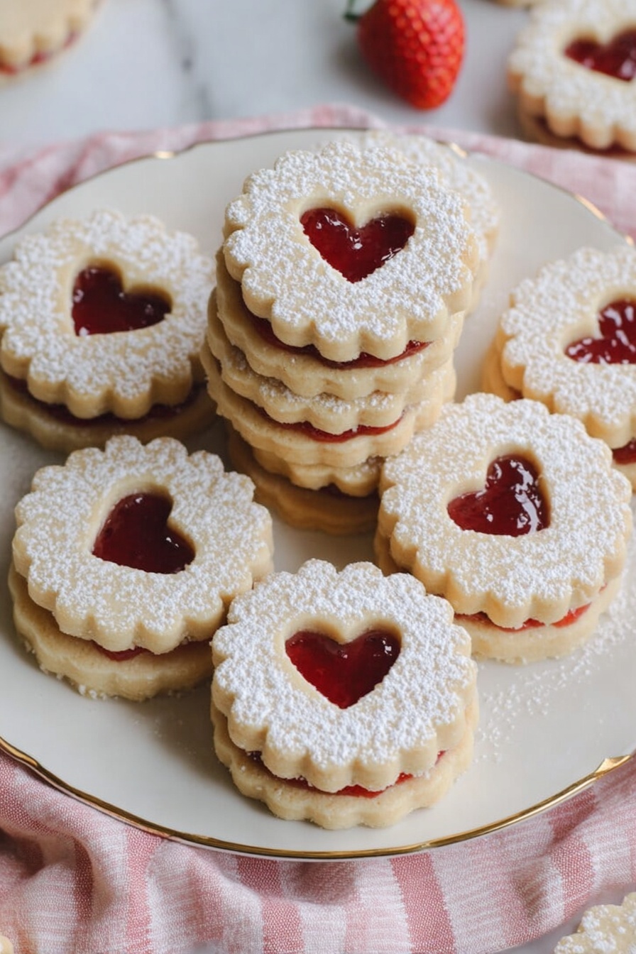 The image shows round sandwich cookies with scalloped edges and a heart-shaped cutout in the top layer, revealing red jam inside. Each cookie has two layers: the bottom layer is a light golden cookie base, and the top layer is a matching cookie with powdered sugar sprinkled on top. The cookies are arranged on a white plate with delicate floral patterns, placed on a soft pink and white checkered cloth over a white marbled surface. A small white bowl filled with bright red strawberries is visible in the background, along with a few loose strawberries scattered around. A woman's hand is gently holding one cookie on a white cake stand to the left. Photo taken with an iphone --ar 2:3 --v 7 - Soft Raspberry Jam Linzer Cookies, raspberry jam sandwich cookies, buttery Linzer cookies, homemade raspberry thumbprint cookies, tender fruit-filled cookies
