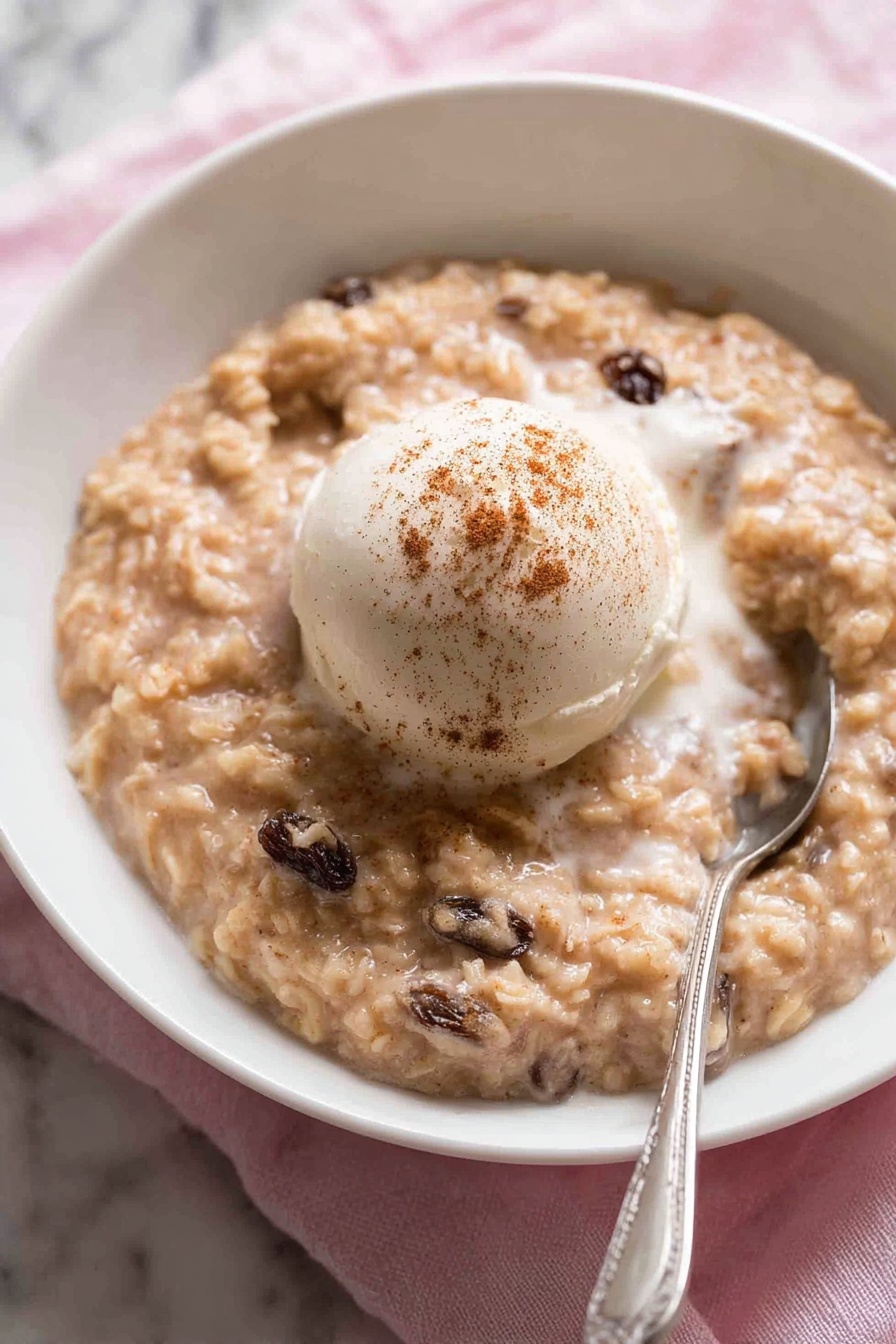 The image shows three white ceramic bowls filled with a creamy dessert that has a beige color with visible raisins mixed in. Each bowl has a smooth, round scoop of white ice cream on top, sprinkled lightly with brown cinnamon powder. The dessert looks thick and slightly textured, with a soft, milky sauce layering part of the surface around the ice cream. The bowls are placed on a soft gray cloth, set on a white marbled surface. One bowl is in the front and in clear focus, while the other two are placed slightly behind and blurred. A white spoon is placed on the cloth next to the front bowl. photo taken with an iphone --ar 2:3 --v 7 - Creamy Cinnamon Rice Pudding, easy rice pudding with cinnamon, comforting dessert recipes, homemade rice pudding, cinnamon dessert ideas