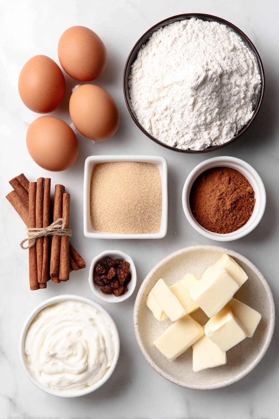 Flat lay of a small bowl of all purpose flour, a small bowl of light brown sugar, a few cinnamon sticks tied together, a small pile of ground cinnamon, cardamom, ginger, nutmeg, and cloves arranged neatly in small white ceramic bowls, a small bowl of vegetable oil, a small bowl of unsweetened apple sauce, four whole uncracked large brown eggs with clean shells, a small bowl of sour cream, a small bowl of unsalted butter cubes, a small bowl of cream cheese block, a small bowl of powdered sugar, and a small bowl of candied nuts, all placed on a clean white marble surface, soft natural light, photo taken with an iPhone, professional food photography style, fresh ingredients, white ceramic bowls, no bottles, no duplicates, no utensils, no packaging --ar 2:3 --v 7 --p m7354615311229779997 - Spice Cake with Brown Butter Frosting, cozy spice cake recipe, moist spice cake with cream cheese frosting, easy fall spice cake, homemade holiday spice cake