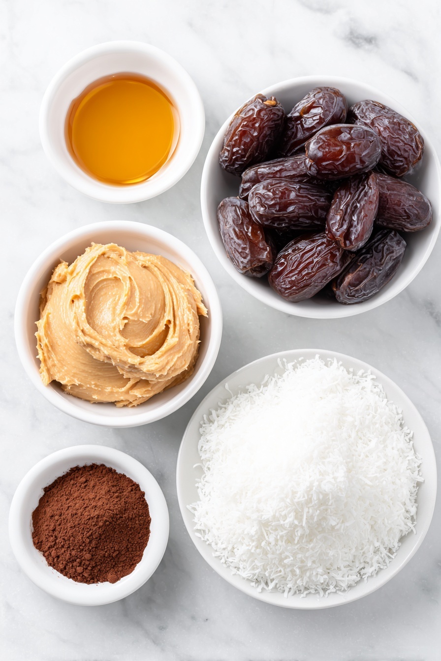 Flat lay of a small mound of creamy peanut butter in a simple white ceramic bowl, a small white bowl of glossy pitted Medjool dates, a small white bowl filled with dark brown cacao powder, a small white bowl of amber maple syrup, and a small white plate heaped with fluffy desiccated coconut, all arranged in perfect symmetry and balanced proportions, placed on a clean white marble surface, soft natural light, photo taken with an iPhone, professional food photography style, fresh ingredients, white ceramic bowls, no bottles, no duplicates, no utensils, no packaging --ar 2:3 --v 7 --p m7354615311229779997 - Chocolate Nut Date Energy Balls, healthy energy bites, no-bake snack recipes, quick nutritious snacks, homemade energy balls