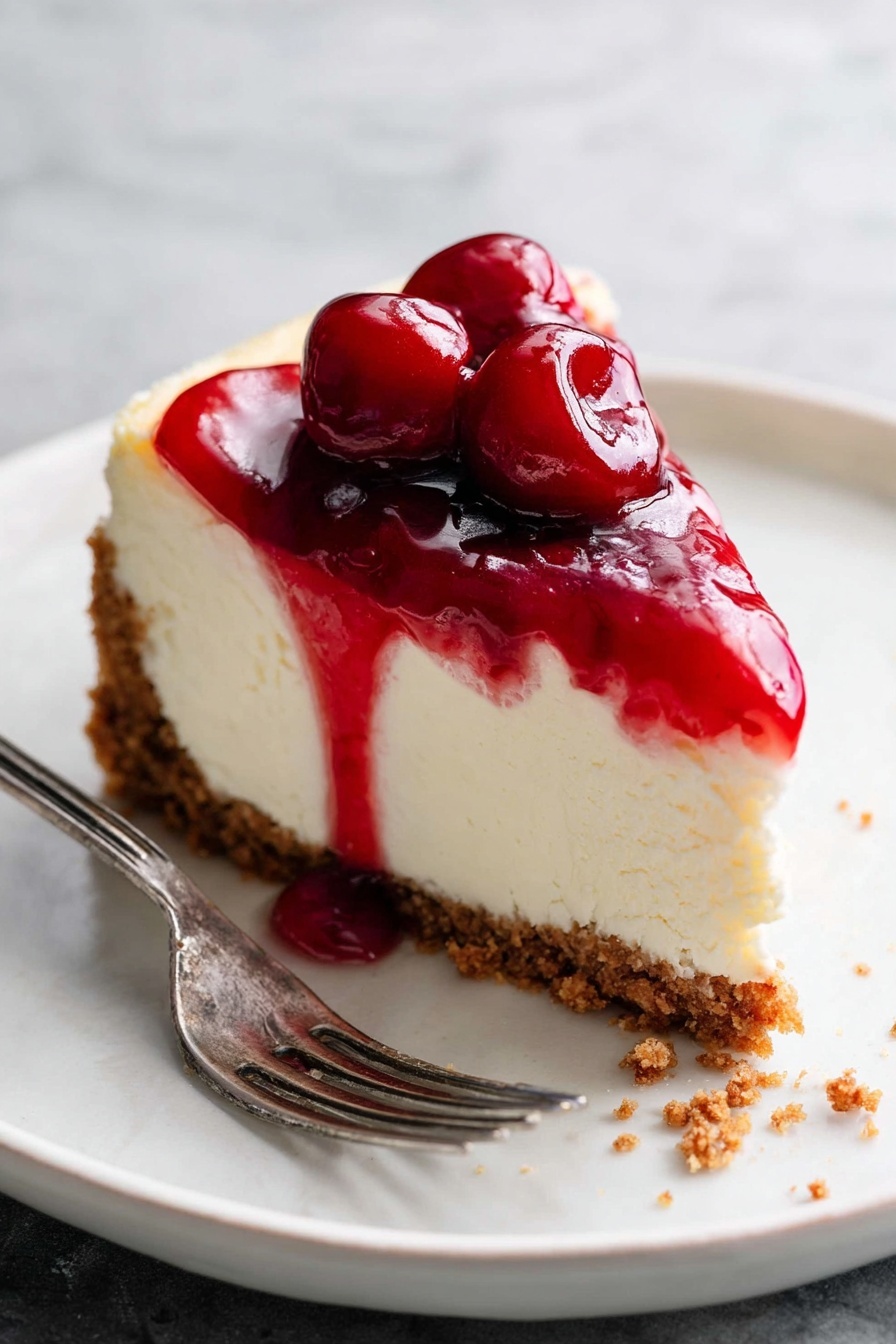 A slice of cheesecake with three visible layers is shown on a white marbled surface. The bottom layer is a crumbly brown crust that holds the creamy white middle layer, which is thick and smooth in texture. The top layer is a shiny red cherry topping that includes two whole cherries, dripping slightly down the sides. The slice is placed on a clean white plate, and next to it is a silver fork with some cheesecake residue. Photo taken with an iphone --ar 2:3 --v 7 - Cheesy Cherry Biscoff Cheesecake, Biscoff cheesecake with cherry topping, no-bake cherry cheesecake, creamy Biscoff dessert, easy cherry cheesecake recipe