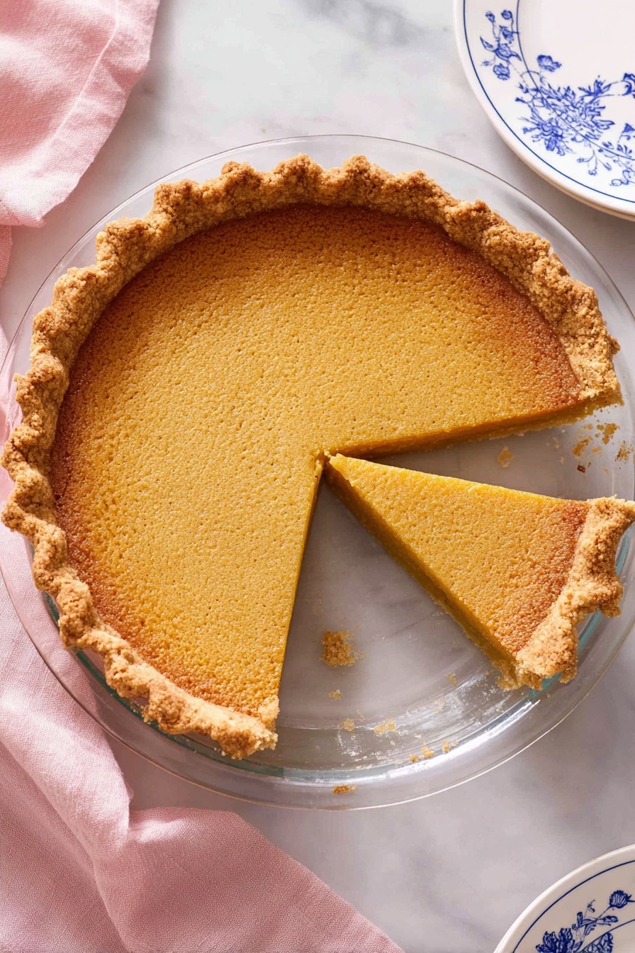 A pie with one slice removed sits on a clear glass pie plate on a white marbled surface. The pie has one main layer of golden brown filling with a smooth texture and a slightly darker, crumbly top layer. The crust is thick, golden, and crimped around the edge. A soft pink cloth is partly under the plate to the left, and to the top right, part of a white plate with blue designs is visible. Photo taken with an iphone --ar 2:3 --v 7 - Cheese-Free Chess Pie, southern dessert with no cheese, dairy-free pie recipe, easy chess pie without cheese, classic southern pie dessert