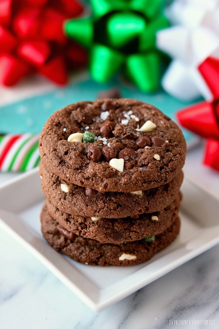 A stack of five round chocolate cookies sits on a white square plate on a white marbled surface. Each cookie has a rough texture and is dark brown in color, with chunks of darker chocolate and small white bits mixed throughout. The cookies are thick and look soft and chewy. In the background, there are blurred colorful ribbons and bows in green, white, and red. Photo taken with an iphone --ar 2:3 --v 7 - Hot Chocolate Cookie Bites, Hot Chocolate Cookie Bites recipe, easy hot cocoa cookies, soft chocolate cookie bites, marshmallow studded cookies