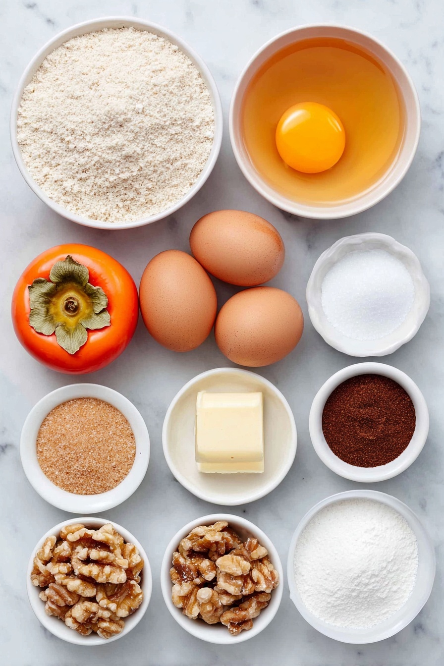 Flat lay of three whole fresh persimmons (one cut in half showing bright orange pulp), a small white bowl of melted golden butter, two whole uncracked brown eggs, a small white bowl of light brown sugar, a small white bowl of white granulated sugar, a small white bowl of clear vanilla extract, a small white bowl of all-purpose flour, a small white bowl of chopped walnuts, a small white bowl of ground cinnamon, a small white bowl of baking powder, and a small white bowl of salt, all arranged with perfect symmetry on a clean white marble surface, soft natural light, photo taken with an iPhone, professional food photography style, fresh ingredients, white ceramic bowls, no bottles, no duplicates, no utensils, no packaging --ar 2:3 --v 7 --p m7354615311229779997 - Persimmon Pudding Cake with Nuts, persimmon dessert recipes, moist persimmon cake, easy autumn dessert, nut-topped pudding cake