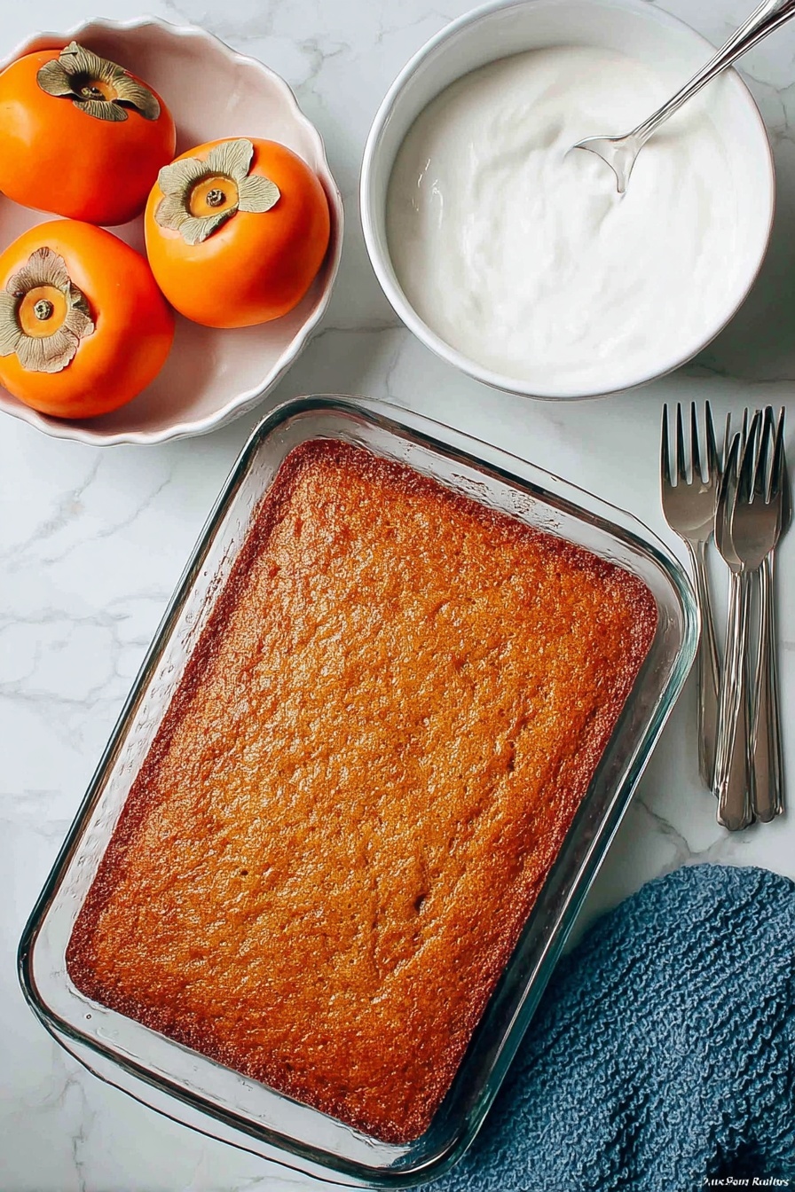 A rectangular glass baking dish holds a single layer of golden brown cake with a slightly textured surface, appearing moist and evenly baked. Nearby, there is a white bowl with a smooth white cream and a spoon inside it. To the upper left, on a white marbled surface, a white bowl contains three smooth, bright orange persimmons with greenish-brown leafy tops. Below the bowl with persimmons, another white dish holds three silver forks. A blue textured cloth is placed partially visible in the bottom right corner of the image. photo taken with an iphone --ar 2:3 --v 7 - Persimmon Pudding Cake with Nuts, persimmon dessert recipes, moist persimmon cake, easy autumn dessert, nut-topped pudding cake