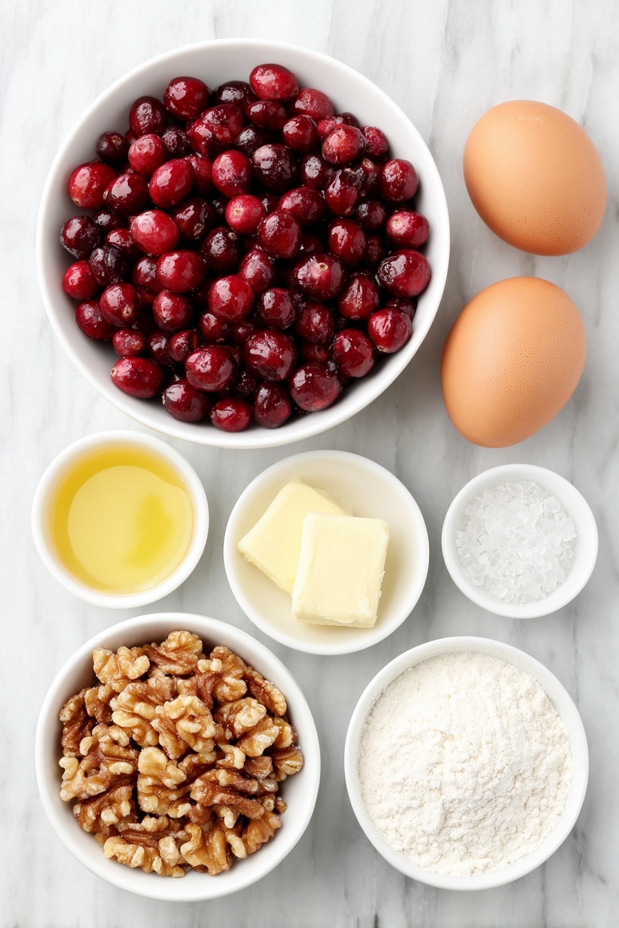 Flat lay of fresh bright red cranberries scattered in a simple white ceramic bowl, a small white bowl filled with chopped walnuts, two large whole eggs with clean shells resting directly on the white marble surface, a small white bowl containing melted golden butter, another small white bowl with white granulated sugar, a small white bowl of all-purpose flour, a tiny white bowl holding clear vanilla extract, a tiny white bowl of light almond extract, and a small white bowl with coarse sparkling sugar crystals, all arranged with perfect symmetry and balanced proportions on a clean white marble surface, soft natural light, photo taken with an iPhone, professional food photography style, fresh ingredients, white ceramic bowls, no bottles, no duplicates, no utensils, no packaging --ar 2:3 --v 7 --p m7354615311229779997 - Cranberry Pie with Nuts, Cranberry Pie, Nutty Cranberry Tart, Holiday Cranberry Dessert, Tart and Nutty Cranberry Pie