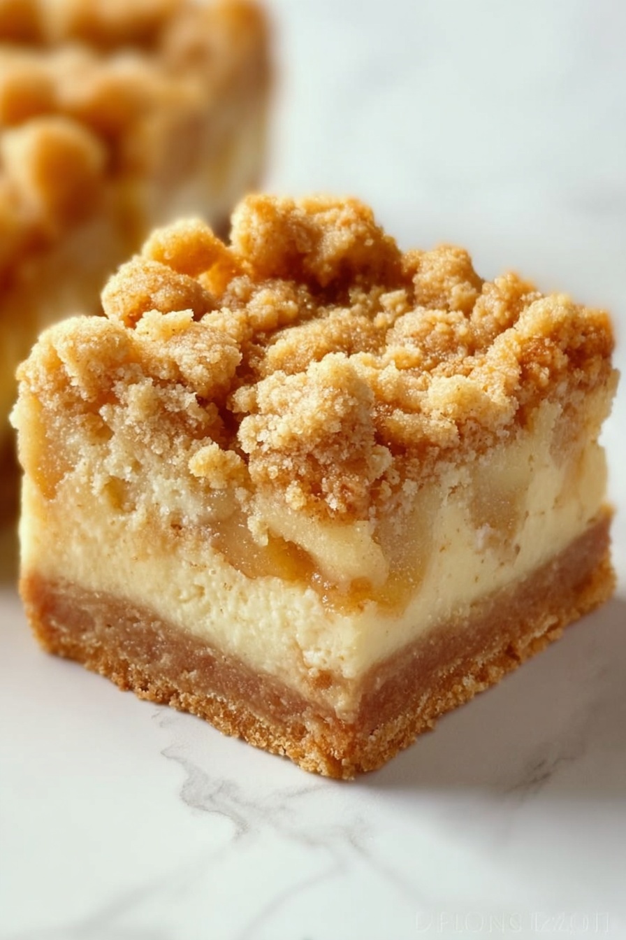 A close-up of a square dessert bar with three distinct layers is shown on a white marbled surface. The bottom layer is a light brown, firm crust with a smooth texture. The middle layer is a creamy, pale beige filling with visible small chunks, likely fruit or nuts, giving it a slightly bumpy look. The top layer is a crumbly, golden-brown streusel topping with a rough texture, loosely scattered across the surface. The edges are clean and sharp, emphasizing the neat layering. Photo taken with an iphone --ar 2:3 --v 7 - Easy Apple Pie Bars with Crumb Topping, apple pie bars, apple crumb bars recipe, fall dessert recipes, easy apple dessert