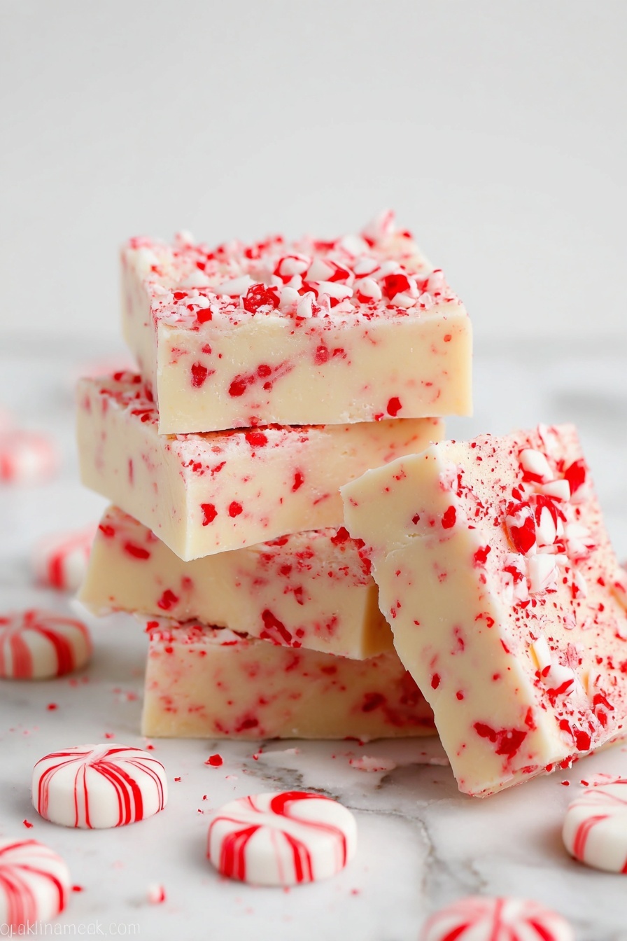 The image shows a stack of four thick square pieces of fudge with a creamy white base mixed with small bright red peppermint bits scattered throughout. The top layer of each piece is covered with more crushed red and white peppermint candies, giving a textured and colorful finish. One piece leans against the stack on the right side, revealing the smooth, dense texture inside with embedded peppermint bits. Around the fudge stack, there are whole round white peppermint candies with red stripes placed on a white marbled surface. The overall color palette is soft white with vibrant red specks and stripes, making the dessert look fresh and festive. photo taken with an iphone --ar 2:3 --v 7 - Candy Cane Fudge with White Chocolate, holiday peppermint fudge, easy Christmas fudge recipe, festive candy cane dessert, creamy peppermint fudge
