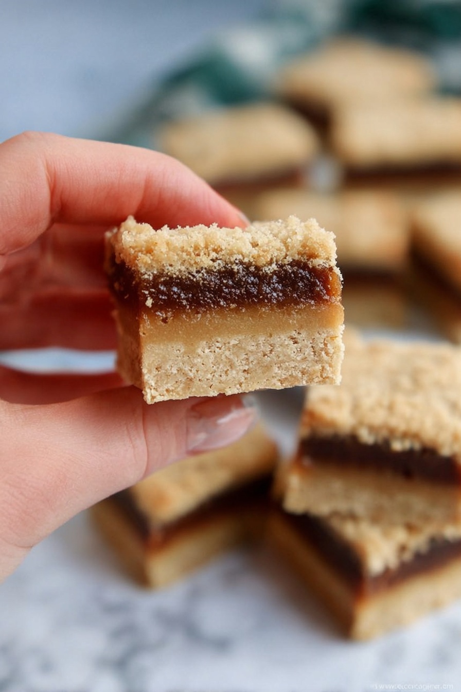 A close-up image shows a woman's hand holding a square snack bar with three visible layers. The bottom layer is light beige, smooth, and dense. The middle layer is dark brown and looks soft and sticky. The top layer is crumbly and light beige with small pieces showing texture. In the blurry background, more of these bars are stacked on a white marbled surface. The photo taken with an iphone --ar 2:3 --v 7 - Mince Pie Crumble Bars, festive mince pie dessert, holiday crumble bars, homemade mince pie filling, easy Christmas sweet treats