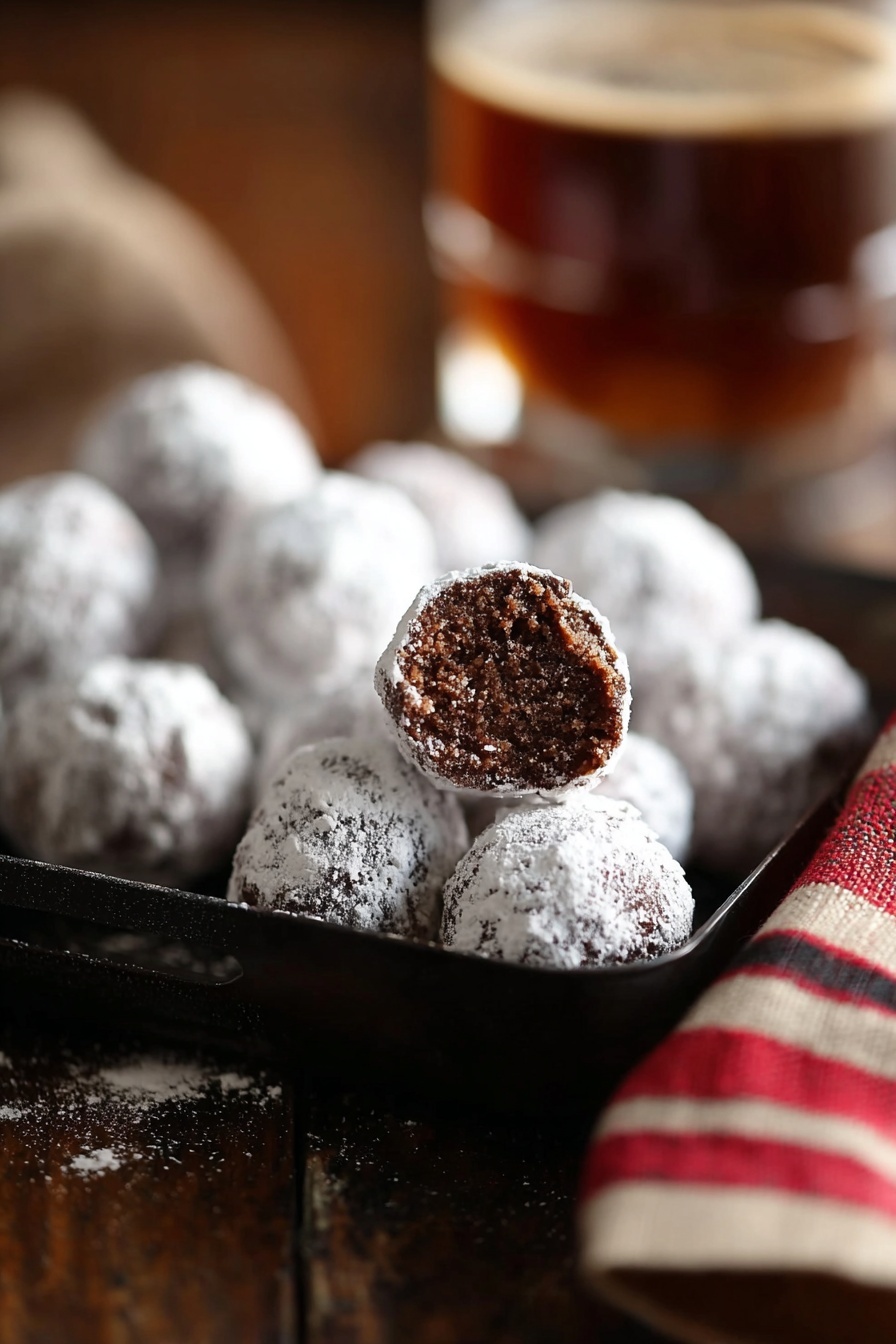 A close-up view of a black glass tray filled with small round chocolate bites covered in white powdered sugar, one bite is placed on top showing a crumbly brown inside. The tray sits on a dark wooden surface and is accompanied by a blurred striped red and white cloth and a brown drink in the background, all against a soft, brown blurred backdrop. photo taken with an iphone --ar 2:3 --v 7 - Best Bourbon Balls, Bourbon Balls recipe, easy bourbon ball recipe, holiday bourbon balls, boozy dessert treats