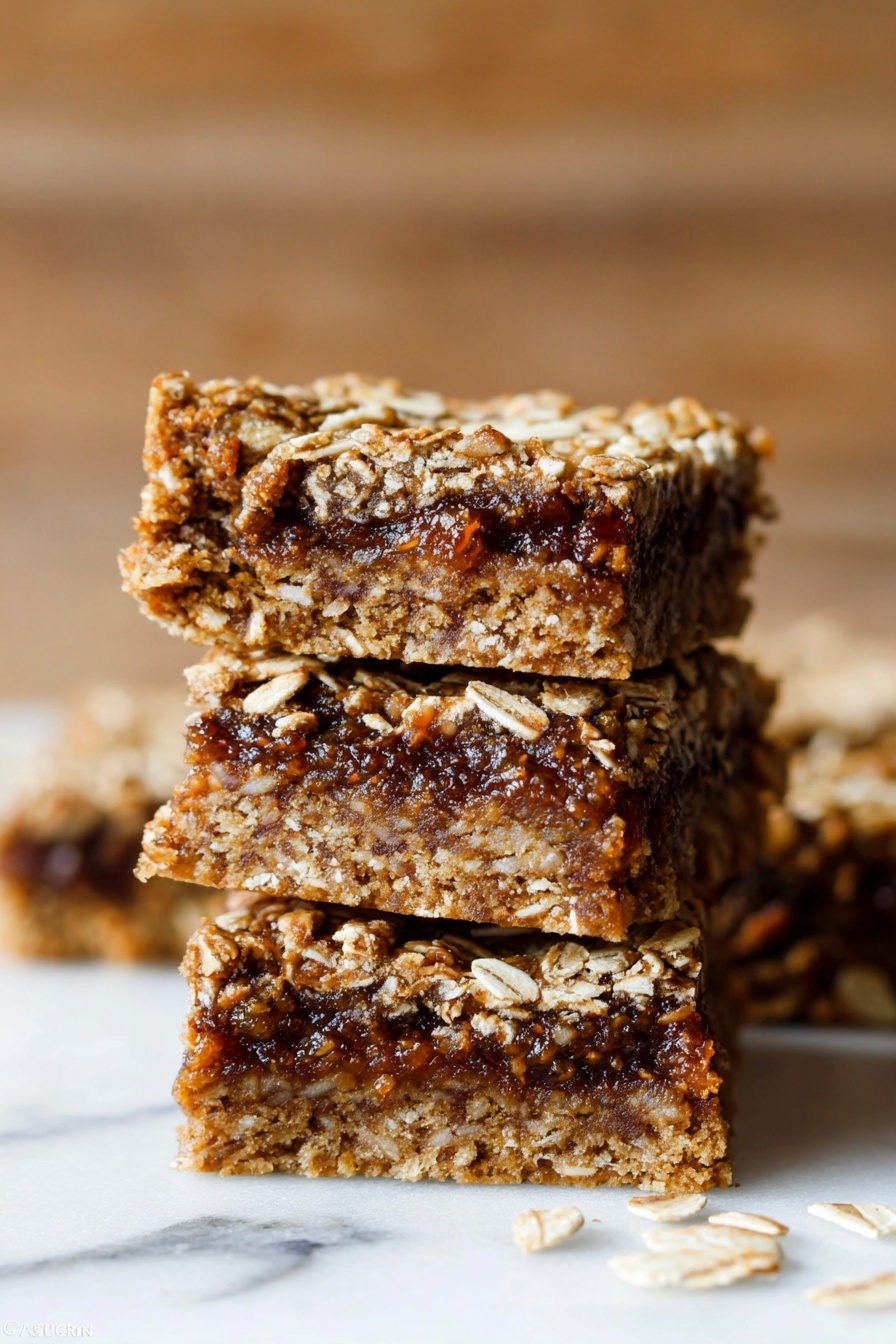 The image shows a close-up of three stacked oat bars on a white marbled surface. Each bar has two layers: the bottom layer is a light brown, crumbly oat base with visible oats, and the top layer is a darker brown, dense fruit filling with small seeds scattered throughout. The oat bars have a rough texture with oats protruding from the edges and surface, giving a rustic look. The background is blurred with a warm wooden tone. Photo taken with an iphone --ar 2:3 --v 7 - Homemade Oatmeal Fig Bars, Fig Bar recipe, healthy oatmeal bars, natural fruit snack recipes, easy fig bar ideas