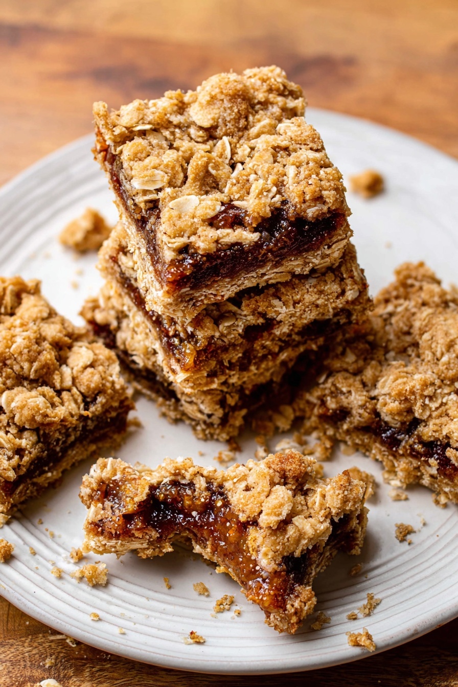 The image shows four oat bars stacked slightly on each other on a white plate with a textured edge. Each oat bar has two visible layers: the top and bottom layers are golden brown with a crumbly texture mixed with oat flakes, and the middle layer is a dark brown fig filling with visible seeds and a sticky look. One oat bar on the plate is broken in half, revealing the thick filling inside. There are crumbs scattered on the plate and around it on a wooden surface. Photo taken with an iphone --ar 2:3 --v 7 - Homemade Oatmeal Fig Bars, Fig Bar recipe, healthy oatmeal bars, natural fruit snack recipes, easy fig bar ideas