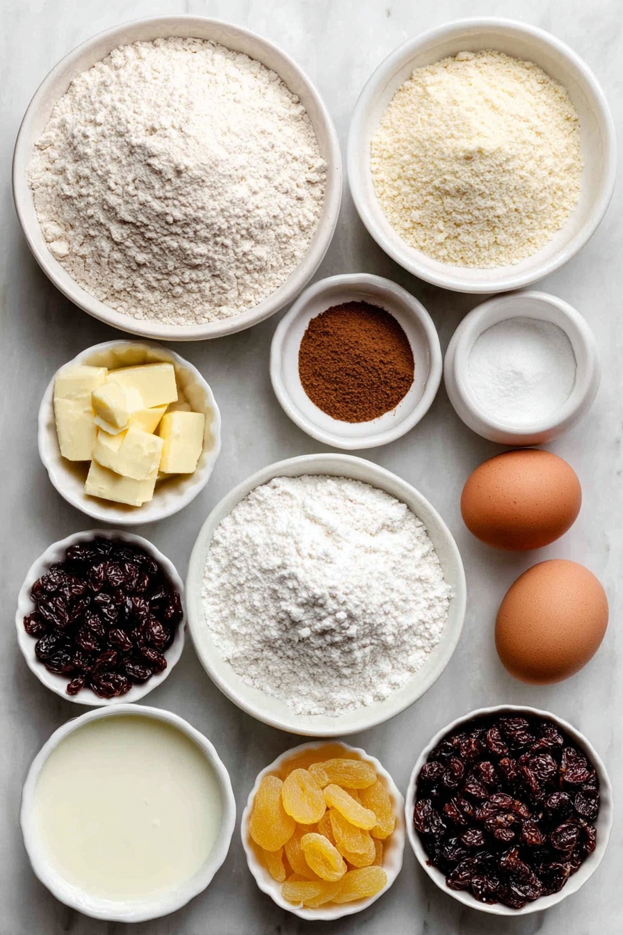 Flat lay of a small mound of pale beige all-purpose flour, a small white bowl with tiny beige granules of dry active yeast, a small white bowl with warm clear water, a small white bowl of fine white sugar, a small white bowl of bright cinnamon powder, a tiny heap of light brown nutmeg powder, a small white bowl filled with melted golden butter, a small white bowl of whole milk with creamy white liquid, three brown eggs with smooth uncracked shells, a small white bowl of plump dark dried currants, a small white bowl of golden raisins, a small white bowl with pale sliced blanched almonds, a small white bowl of chopped vibrant orange candied orange peel, a small white bowl of deep orange chopped dried apricots, a whole bright yellow lemon with its textured rind, a small white bowl with white icing sugar powder, and a separate small white bowl with creamy milk for the glaze, all arranged symmetrically and naturally on a clean white marble surface, soft natural light, photo taken with an iPhone, professional food photography style, fresh ingredients, white ceramic bowls, no bottles, no duplicates, no utensils, no packaging --ar 2:3 --v 7 --p m7354615311229779997 - Perfected German Stollen Bread, German Stollen Bread, festive holiday bread, traditional German Christmas bread, homemade Stollen loaf