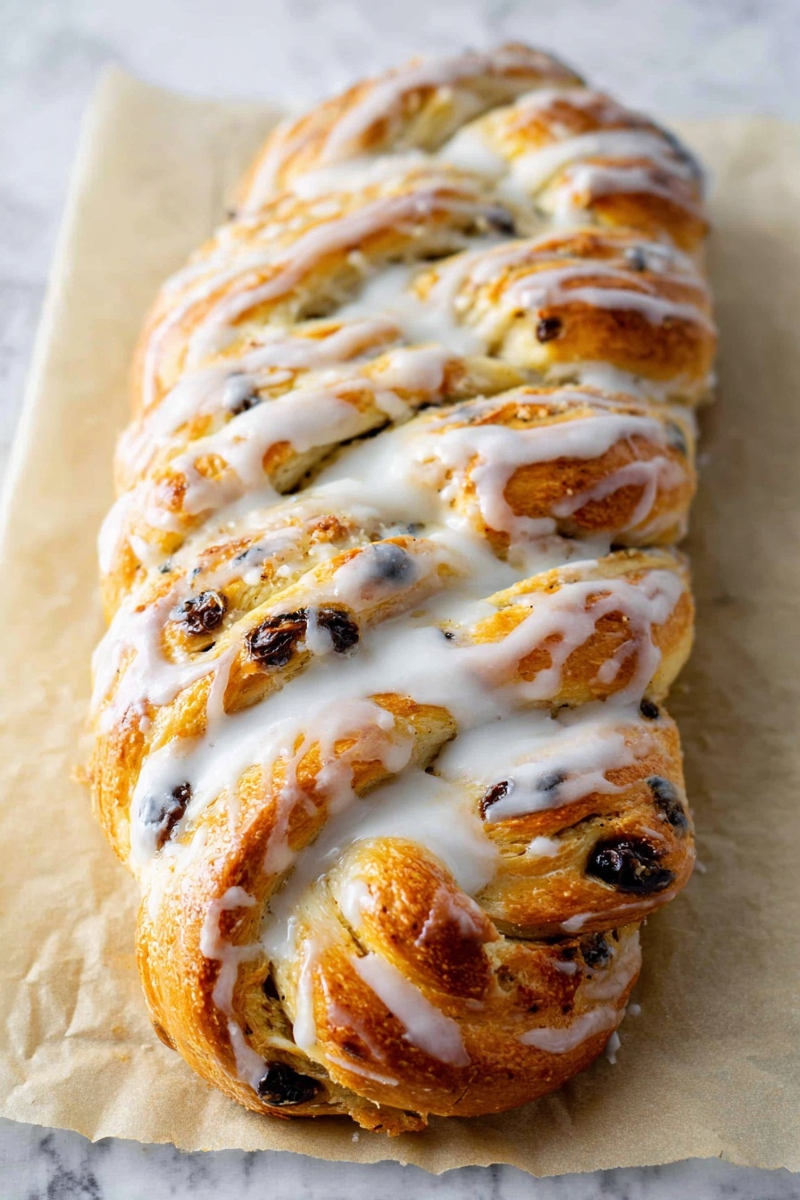 A golden brown braided bread loaf is placed on a sheet of parchment paper on a white marbled surface. The bread has multiple visible layers formed by the braid, with bits of dark raisins or chocolate chips scattered throughout the dough. A thick, white glaze is drizzled generously and unevenly over the top, pooling slightly in the crevices and along the edges, giving it a shiny, slightly wet look. The texture of the bread appears soft and fluffy with a slightly crisp crust on top. Photo taken with an iphone --ar 2:3 --v 7 - Perfected German Stollen Bread, German Stollen Bread, festive holiday bread, traditional German Christmas bread, homemade Stollen loaf