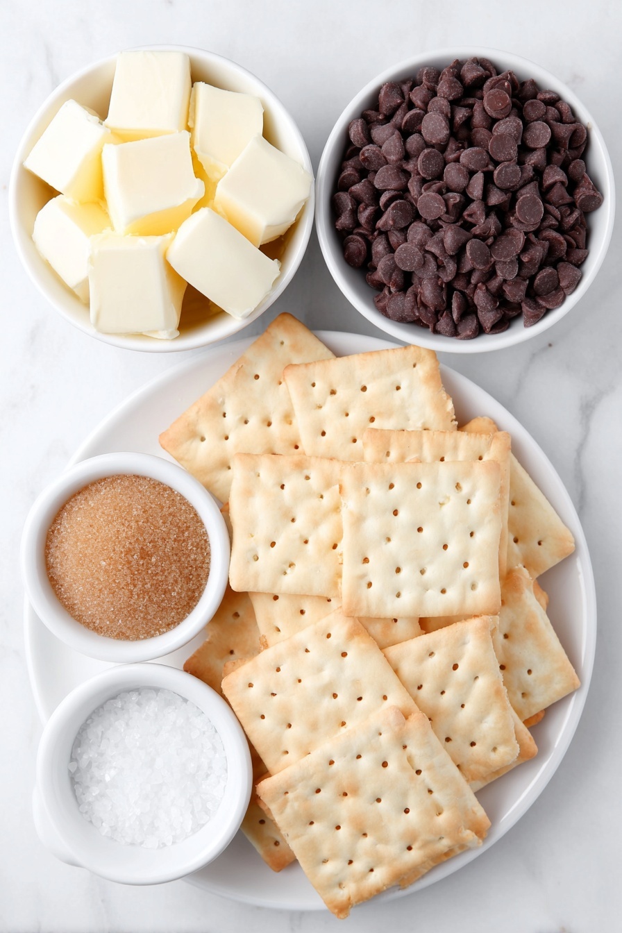 Flat lay of a single layer of fresh square saltine crackers arranged neatly on a simple white ceramic plate, a small white ceramic bowl filled with rich golden brown packed brown sugar, a small white ceramic bowl holding several cubes of pale yellow unsalted butter, a tiny white ceramic bowl containing clear vanilla extract, a tiny white ceramic bowl with coarse sea salt crystals, and a generous mound of smooth milk chocolate chips on a simple white ceramic dish, all placed on a clean white marble surface, soft natural light, photo taken with an iPhone, professional food photography style, fresh ingredients, white ceramic bowls, no bottles, no duplicates, no utensils, no packaging --ar 2:3 --v 7 --p m7354615311229779997 - Saltine Toffee Squares, Saltine Toffee Squares Recipe, Saltine Toffee Treats, Easy Toffee Squares, Holiday Toffee Cookies