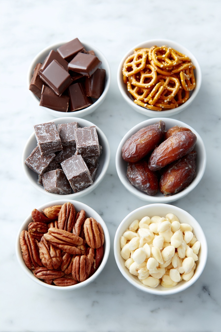 Flat lay of square golden-brown pretzel snaps, smooth shiny Rolo chocolates, glossy pecan halves arranged neatly, each ingredient fresh and natural in simple white ceramic bowls, perfect balanced layout with symmetry placed on a clean white marble surface, soft natural light, photo taken with an iPhone, professional food photography style, fresh ingredients, white ceramic bowls, no bottles, no duplicates, no utensils, no packaging --ar 2:3 --v 7 --p m7354615311229779997 - Easy Pretzel Rolo Turtles, Pretzel Rolo Turtles, Simple Pretzel Turtles, No-Bake Pretzel Treats, Holiday Snack Ideas