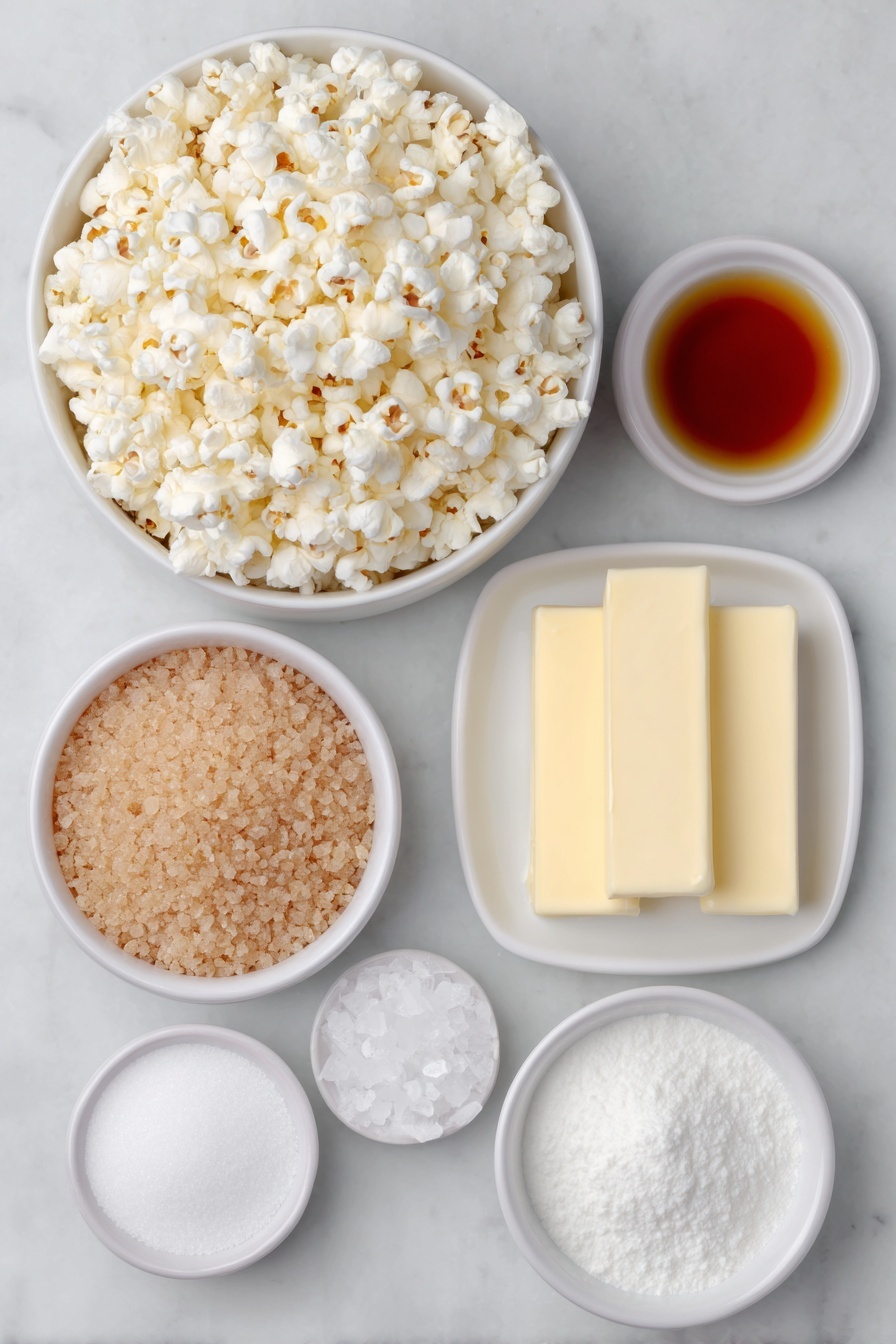 Flat lay of a large white ceramic bowl filled with fluffy air-popped popcorn, a small white bowl of packed light brown sugar with visible moist texture, a small white bowl holding smooth light corn syrup, a few rectangular slabs of unsalted butter with a creamy yellow color stacked neatly, a pinch of fine salt crystals on a tiny white bowl, a small white bowl with white cream of tartar powder, and a small white bowl containing fine white baking soda powder, perfectly arranged in balanced symmetry, placed on a clean white marble surface, soft natural light, photo taken with an iPhone, professional food photography style, fresh ingredients, white ceramic bowls, no bottles, no duplicates, no utensils, no packaging --ar 2:3 --v 7 --p m7354615311229779997 - Homemade Caramel Corn, caramel popcorn recipe, easy caramel popcorn, homemade popcorn snacks, crunchy caramel popcorn