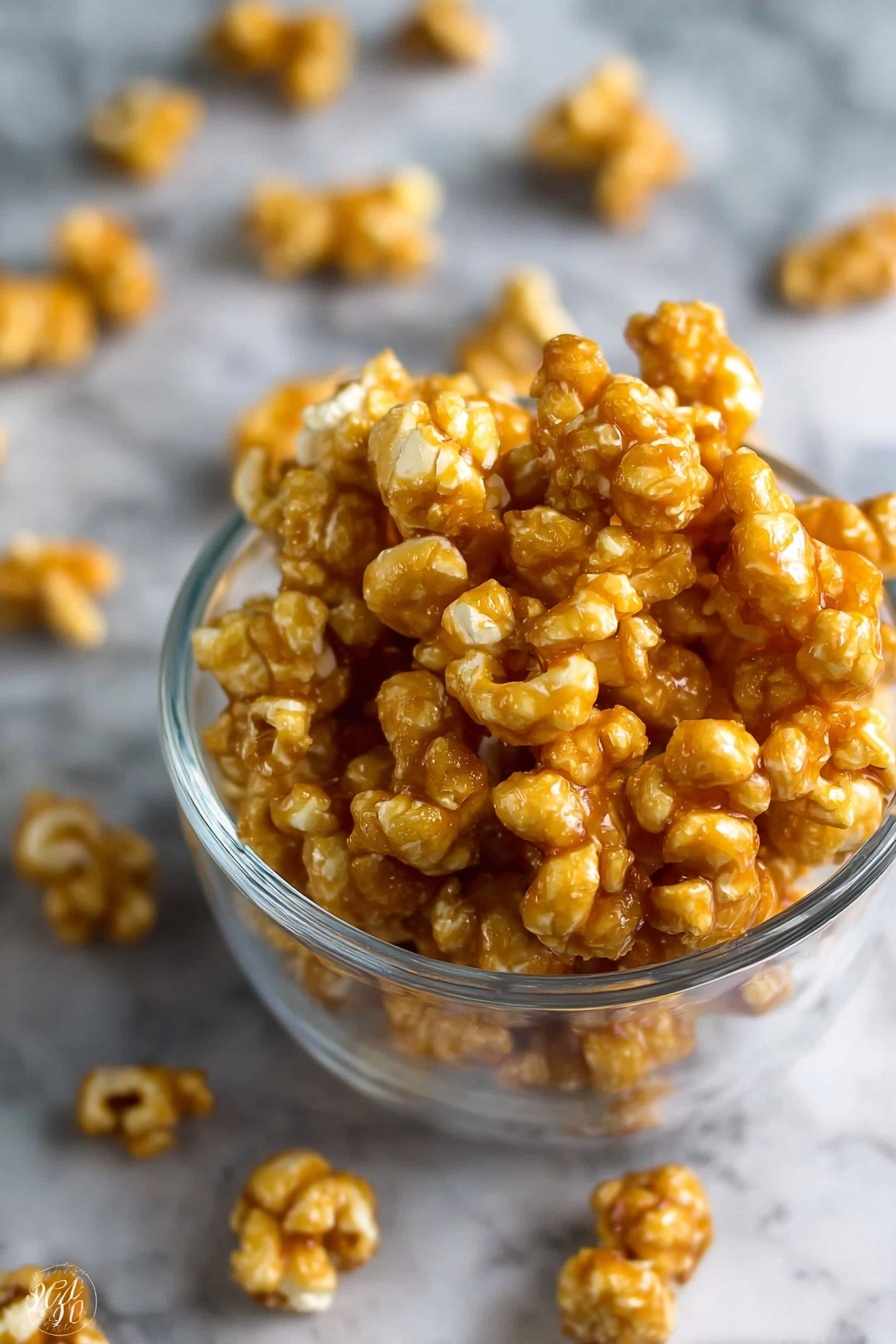 The image shows a clear glass bowl filled with many pieces of golden brown caramel-coated popcorn. The popcorn pieces are shiny and clustered closely together in the bowl. Around the bowl on a white marbled surface are scattered more caramel popcorn pieces, slightly out of focus. The background is blurred, keeping attention on the bowl with the caramel popcorn inside photo taken with an iphone --ar 2:3 --v 7 - Caramel Puff Corn Snack, sweet and salty popcorn snack, easy caramel corn recipe, crunchy caramel popcorn, holiday snack ideas