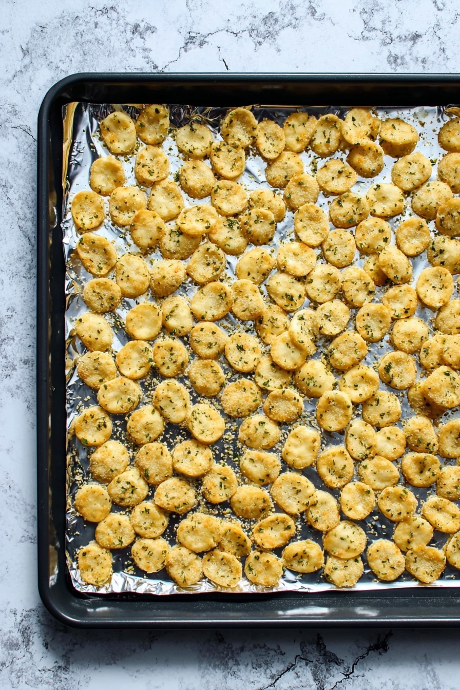 A black baking tray lined with shiny aluminum foil holds a single flat layer of small, round, golden-brown crackers sprinkled with green herbs. The crackers are spread evenly, with slight overlaps in places, showing a crispy and slightly rough texture. The background features a white marbled surface that contrasts with the baking tray. photo taken with an iphone --ar 2:3 --v 7 - Ranch Oyster Crackers, Easy Snack Recipes, Savory Party Snacks, Homemade Oyster Crackers, Herbed Snack Mixes