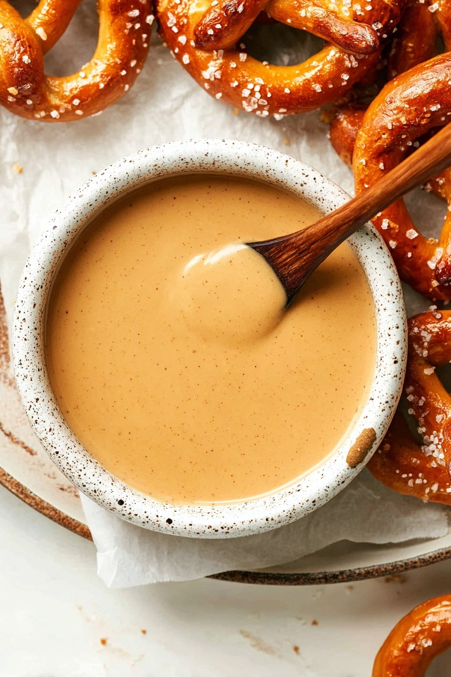 A close-up top view of a white speckled bowl filled with smooth, light brown creamy sauce, with a wooden spoon resting inside the bowl, placed on a white marbled surface lined with white parchment paper. Surrounding the bowl are golden brown soft pretzels sprinkled with coarse salt, their twisted shapes partially visible at the edges of the image. Photo taken with an iphone --ar 2:3 --v 7 - Beer Cheese Dip, easy beer cheese dip, creamy cheese dip, crowd-pleasing party dip, cheesy beer appetizer