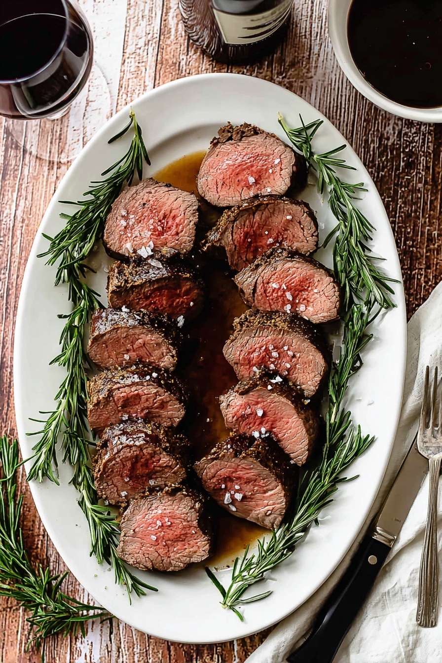 A white oval plate holds about ten slices of medium-rare beef steak, each slice showing a pink center with a dark brown, charred crust, topped with small flakes of salt. Around the beef are several fresh sprigs of green rosemary, placed evenly on all sides of the plate. The plate sits on a wooden table, which is replaced here with a white marbled texture. On the bottom right, there is a black-handled sharp knife and a two-pronged fork resting next to a white cloth napkin. At the top right, a white bowl with dark gravy or sauce is partially visible. Two glasses of dark red wine and the neck of a wine bottle are also present, adding to the rustic setting. Photo taken with an iphone --ar 2:3 --v 7 - Beef Tenderloin with Red Wine Sauce, beef tenderloin recipe, red wine steak sauce, elegant beef dinner, easy gourmet beef dish