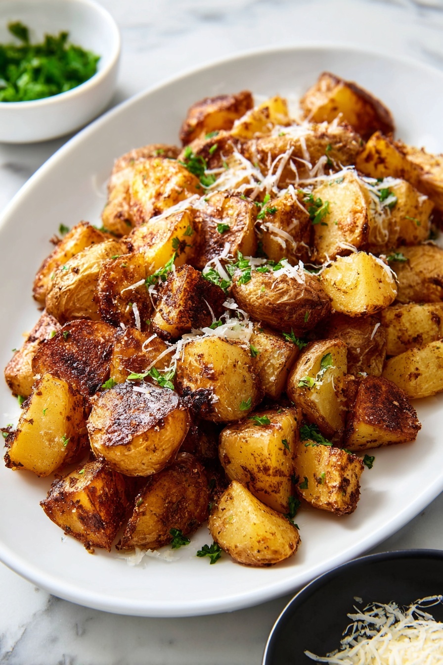 The image shows a white oval plate filled with roasted potato pieces that have a golden-brown and slightly dark crispy texture on the edges. The potatoes are cut into uneven, chunky chunks and scattered with small green parsley leaf pieces on top. There is a light grate of white cheese sprinkled over the potatoes, adding fine strands of white texture. The plate rests on a white marbled surface, with a small white bowl of green garnish blurred in the background and a black bowl containing more grated cheese partially visible at the bottom edge. Photo taken with an iphone --ar 2:3 --v 7 - Garlic Rosemary Crispy Roasted Potatoes, crispy roasted potatoes, garlic rosemary potatoes, easy roasted potato side dish, flavorful potato recipes