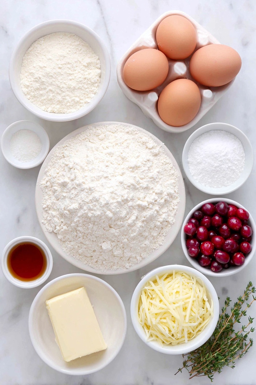 Flat lay of a small mound of all-purpose flour, a small white bowl of baking powder, a small white bowl of salt, a large pat of unsalted butter, fresh orange zest strands, a small heap of granulated sugar, three whole brown eggs with clean shells, a small white bowl of vanilla extract, a small white bowl of milk, a small white bowl of freshly squeezed orange juice, a small pile of cranberries lightly dusted with flour, a block of cream cheese, a small white bowl of powdered sugar, fresh whole cranberries, thin orange slices, a few sprigs of fresh thyme, all arranged symmetrically on a simple white ceramic surface, placed on a clean white marble surface, soft natural light, photo taken with an iPhone, professional food photography style, fresh ingredients, white ceramic bowls, no bottles, no duplicates, no utensils, no packaging --ar 2:3 --v 7 --p m7354615311229779997 - Cranberry Orange Cake with Cream Cheese Frosting, festive cranberry orange cake, moist citrus cranberry cake, holiday cranberry orange dessert, fresh fruit cake with cream cheese frosting