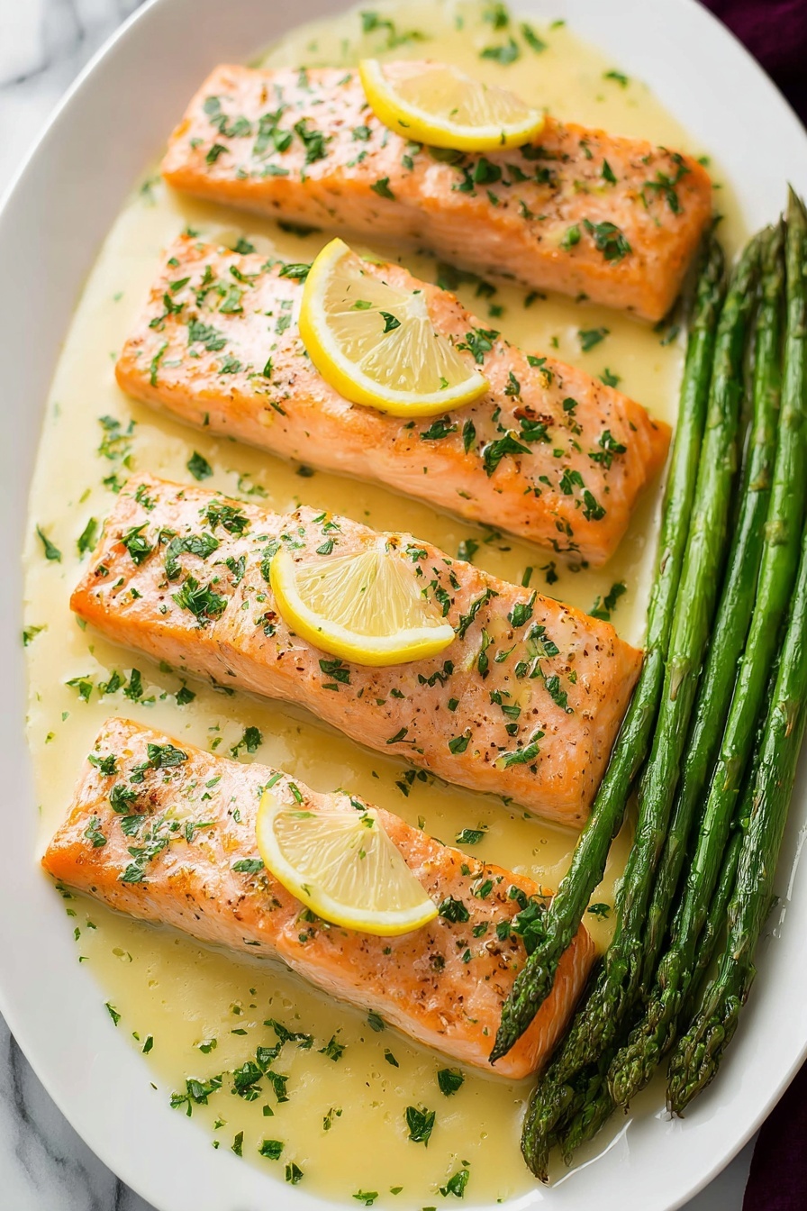 A white oval plate holds four rectangular salmon fillets arranged in two rows, each fillet topped with a small lemon wedge and sprinkled with chopped green herbs. The salmon has a light orange color with a slightly shiny, cooked texture. Surrounding the fillets is a pale yellow sauce that pools around the edges. On the right side of the plate, there is a bundle of bright green asparagus spears laid neatly in a row. The plate is set on a white marbled surface. photo taken with an iphone --ar 2:3 --v 7 - Garlic Lemon Butter Salmon, Easy Salmon Recipes, Healthy Fish Dinner, Lemon Butter Salmon, Quick Seafood Meal