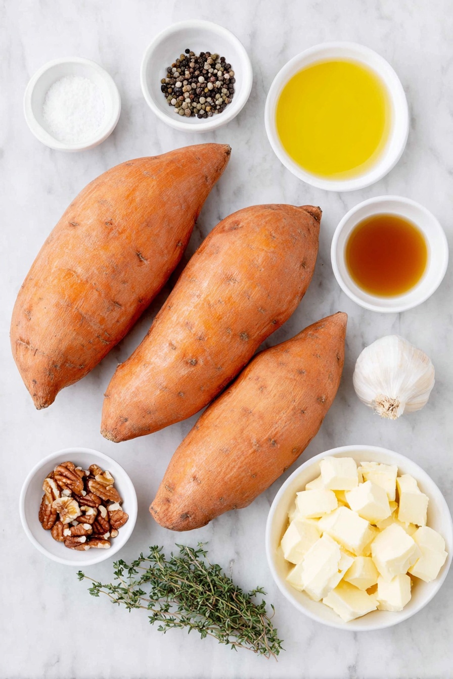Flat lay of three thick whole sweet potatoes with vibrant orange skin, a small white bowl of melted unsalted butter, a small white bowl of golden olive oil, a small white bowl of coarse kosher salt, a small white bowl of whole black peppercorns, a small white bowl of rich low sodium chicken stock, a single fresh garlic clove, a small white bowl of amber pure maple syrup, a small white bowl of unsalted butter cubes, a small white bowl of roughly chopped pecans, a small white bowl of ground cinnamon, a small pinch of fine salt on the surface, and fresh green thyme sprigs with leaves intact all arranged in perfect symmetry on a clean white marble surface, soft natural light, photo taken with an iPhone, professional food photography style, fresh ingredients, white ceramic bowls, no bottles, no duplicates, no utensils, no packaging --ar 2:3 --v 7 --p m7354615311229779997 - Slow-Roasted Sweet Potatoes with Maple Pecan Sauce, sweet potato side dish, fall comfort food, caramelized sweet potatoes, maple pecan dessert topping