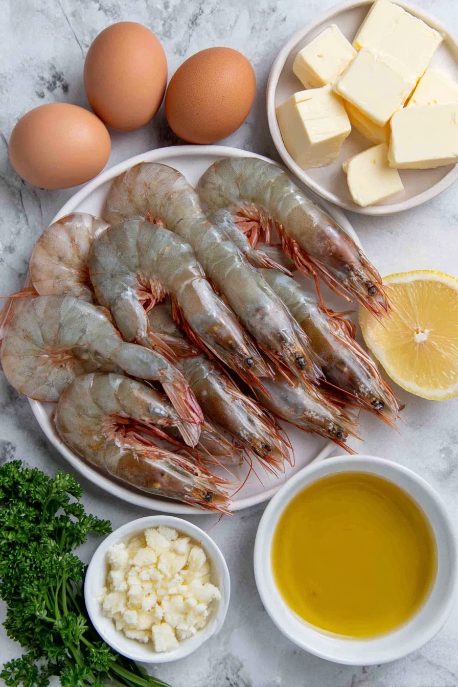 Flat lay of fresh prawns with tails on arranged neatly, a few whole uncracked brown eggs, a small white ceramic bowl of golden extra virgin olive oil, finely chopped garlic cloves placed in a simple white dish, several cubes of pale unsalted butter stacked artfully on a white plate, a small white bowl containing clear dry white wine, a wedge of bright yellow lemon, and a few sprigs of vibrant green parsley scattered gently around, all placed on a clean white marble surface, soft natural light, photo taken with an iPhone, professional food photography style, fresh ingredients, white ceramic bowls, no bottles, no duplicates, no utensils, no packaging --ar 2:3 --v 7 --p m7354615311229779997 - Garlic Shrimp Skillet, garlic shrimp recipe, easy shrimp dinner, quick seafood recipe, flavorful shrimp dishes