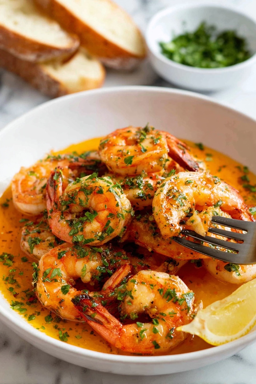 A white bowl filled with two layers of cooked shrimp; the bottom layer is partially covered by an orange butter sauce, while the top layer of shrimp is sprinkled with chopped green herbs. There is a wedge of lemon resting at the edge of the bowl partially submerged in the sauce. A fork is holding one shrimp on the right side of the bowl. In the background, there is a white bowl with finely chopped green herbs and two pieces of toasted bread on a white marbled surface. photo taken with an iphone --ar 2:3 --v 7 - Garlic Shrimp Skillet, garlic shrimp recipe, easy shrimp dinner, quick seafood recipe, flavorful shrimp dishes