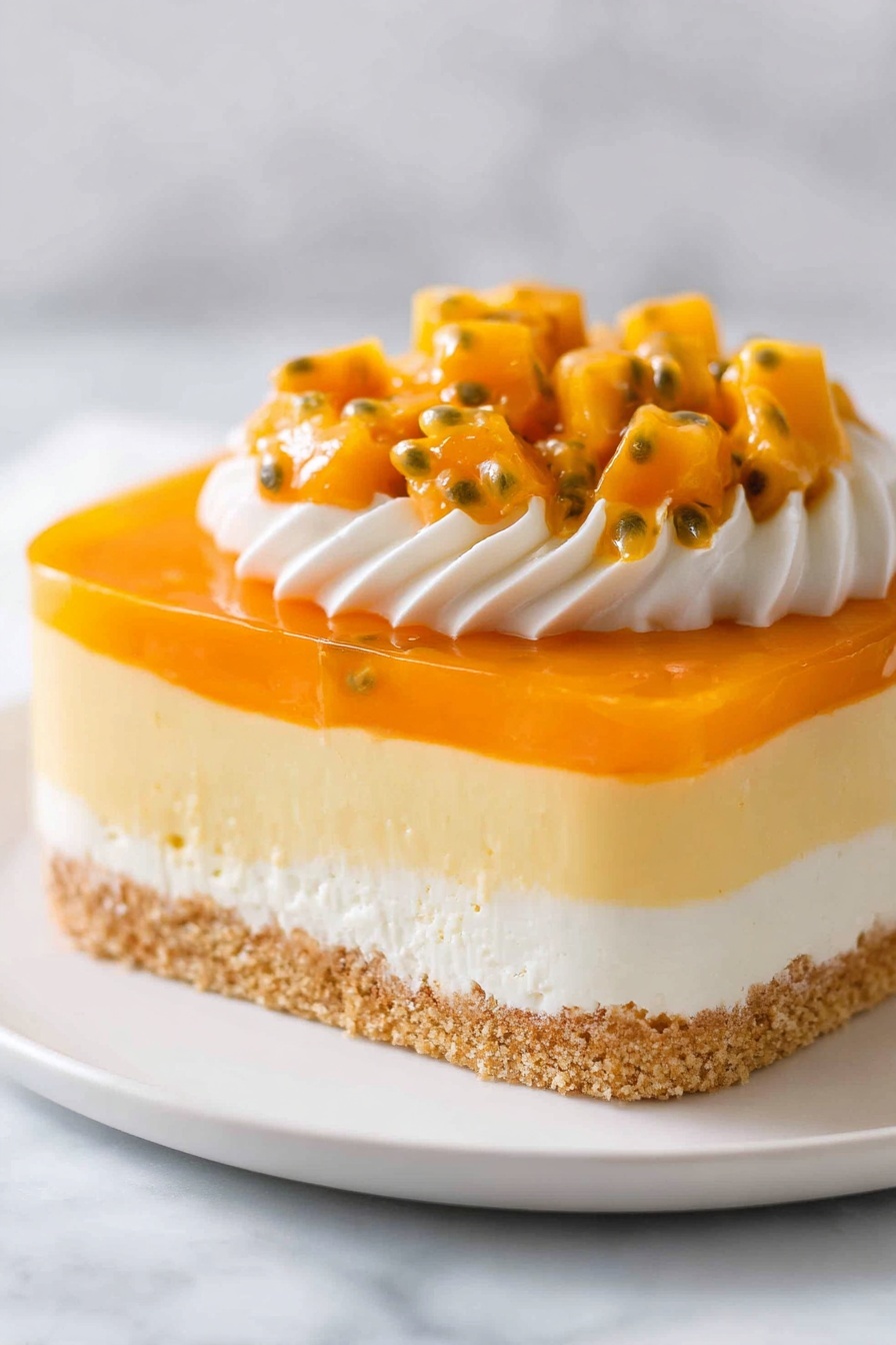 A dessert with three clear layers on a white plate on a white marbled surface: the bottom layer is a light brown crumbly crust, the middle layer is a smooth pale yellow creamy filling, and the top layer is a shiny bright orange jelly. On top of this is a thick, white, fluffy swirl of cream that holds a pile of small orange cubes of fruit mixed with seeds and liquid from a passion fruit. The overall look is fresh and inviting with a mix of smooth and textured elements. Photo taken with an iphone --ar 2:3 --v 7 - No Bake Mango Cheesecake, Mango Cheesecake, No Bake Dessert, Tropical Cheesecake, Summer Fruit Cheesecake